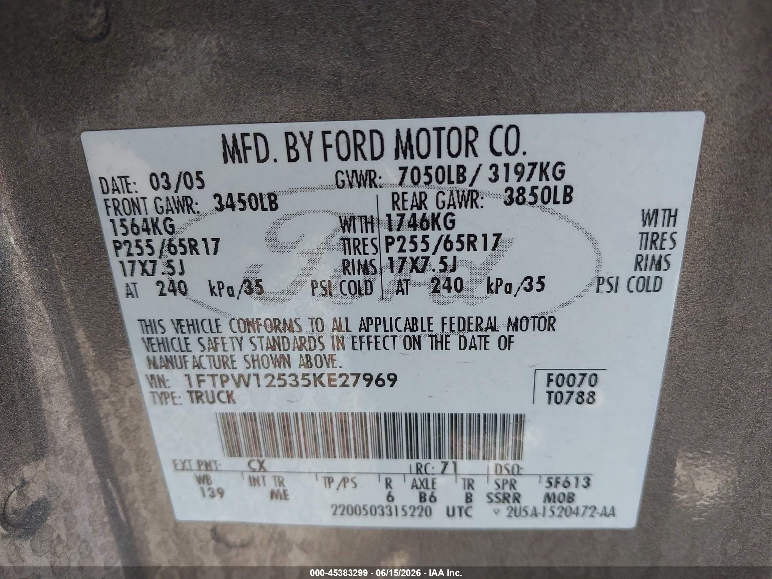 2005 Ford F-150 Lariat/xlt Gray vin: 1FTPW12535KE27969