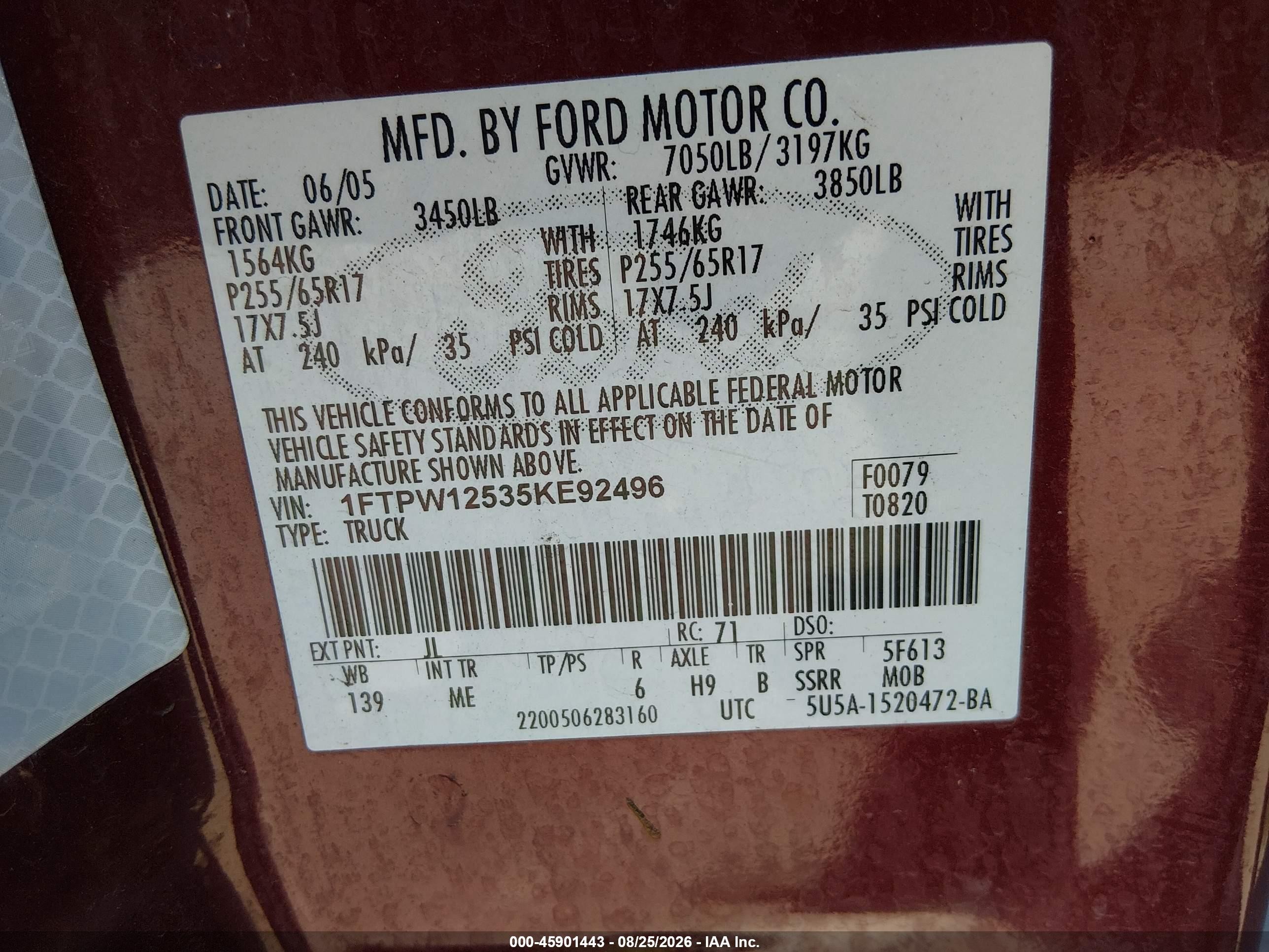 2005 Ford F-150 Lariat/xlt Maroon vin: 1FTPW12535KE92496