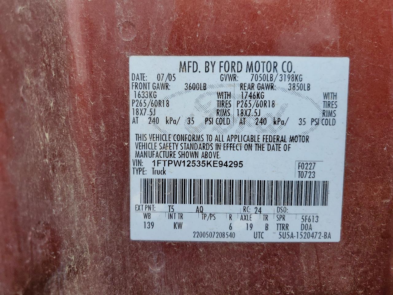 2005 Ford F150 Supercrew Burgundy vin: 1FTPW12535KE94295