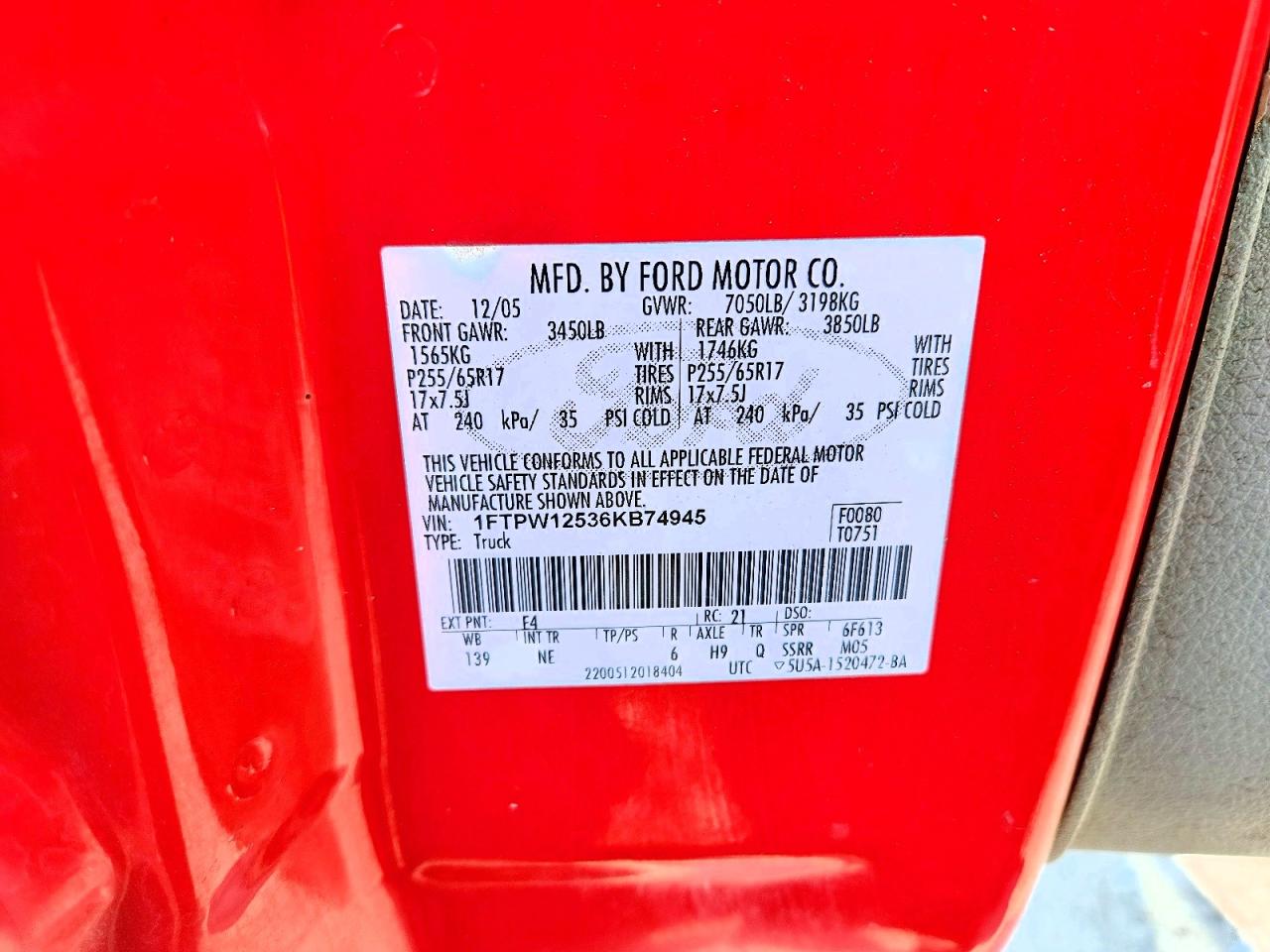 2006 Ford F150 Supercrew Red vin: 1FTPW12536KB74945