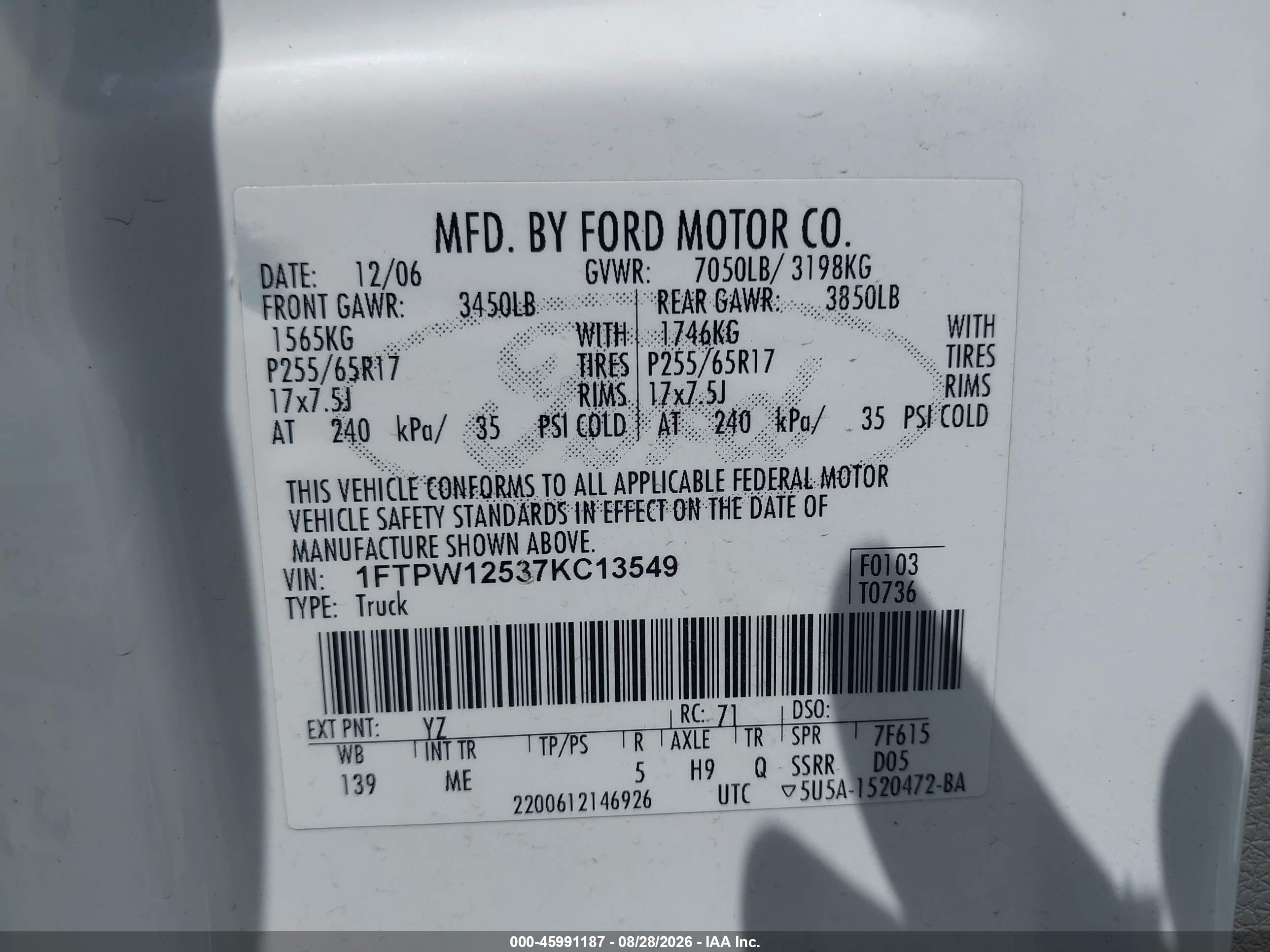 2007 Ford F-150 Lariat/xlt White vin: 1FTPW12537KC13549