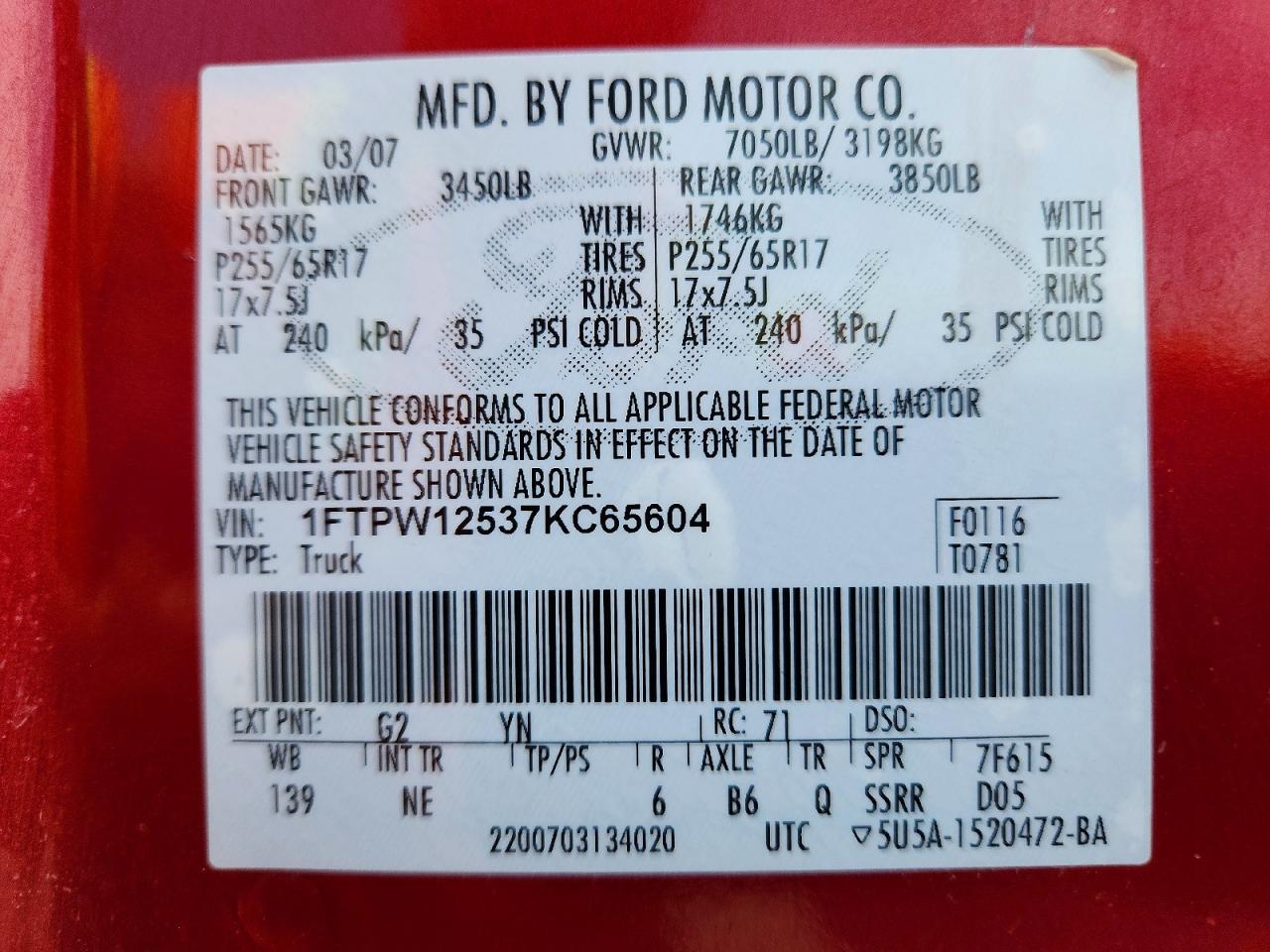 2007 Ford F150 Supercrew Burgundy vin: 1FTPW12537KC65604