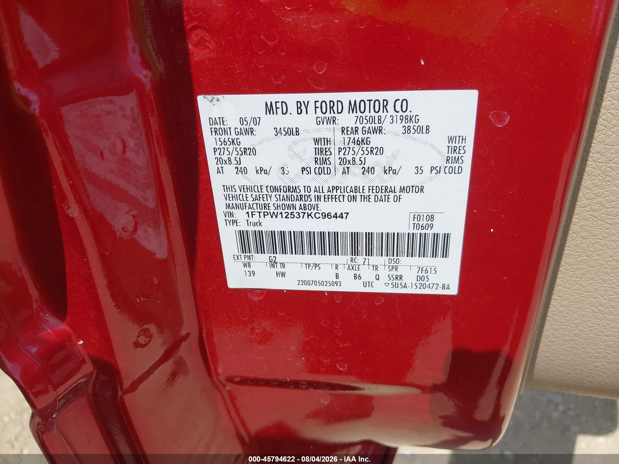 2007 Ford F-150 Lariat/xlt Red vin: 1FTPW12537KC96447