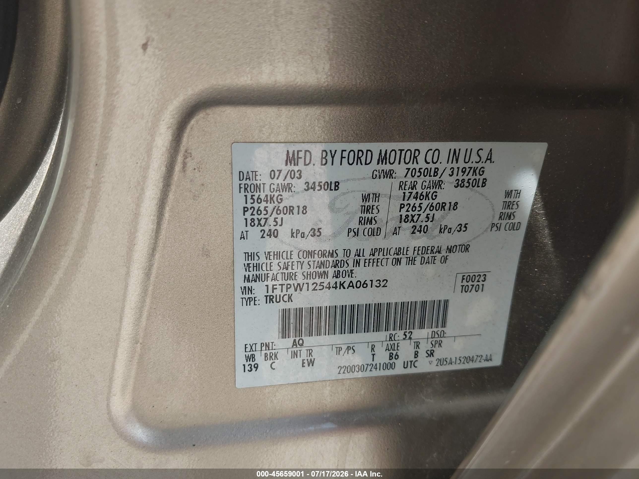 2004 Ford F-150 Lariat/xlt Tan vin: 1FTPW12544KA06132