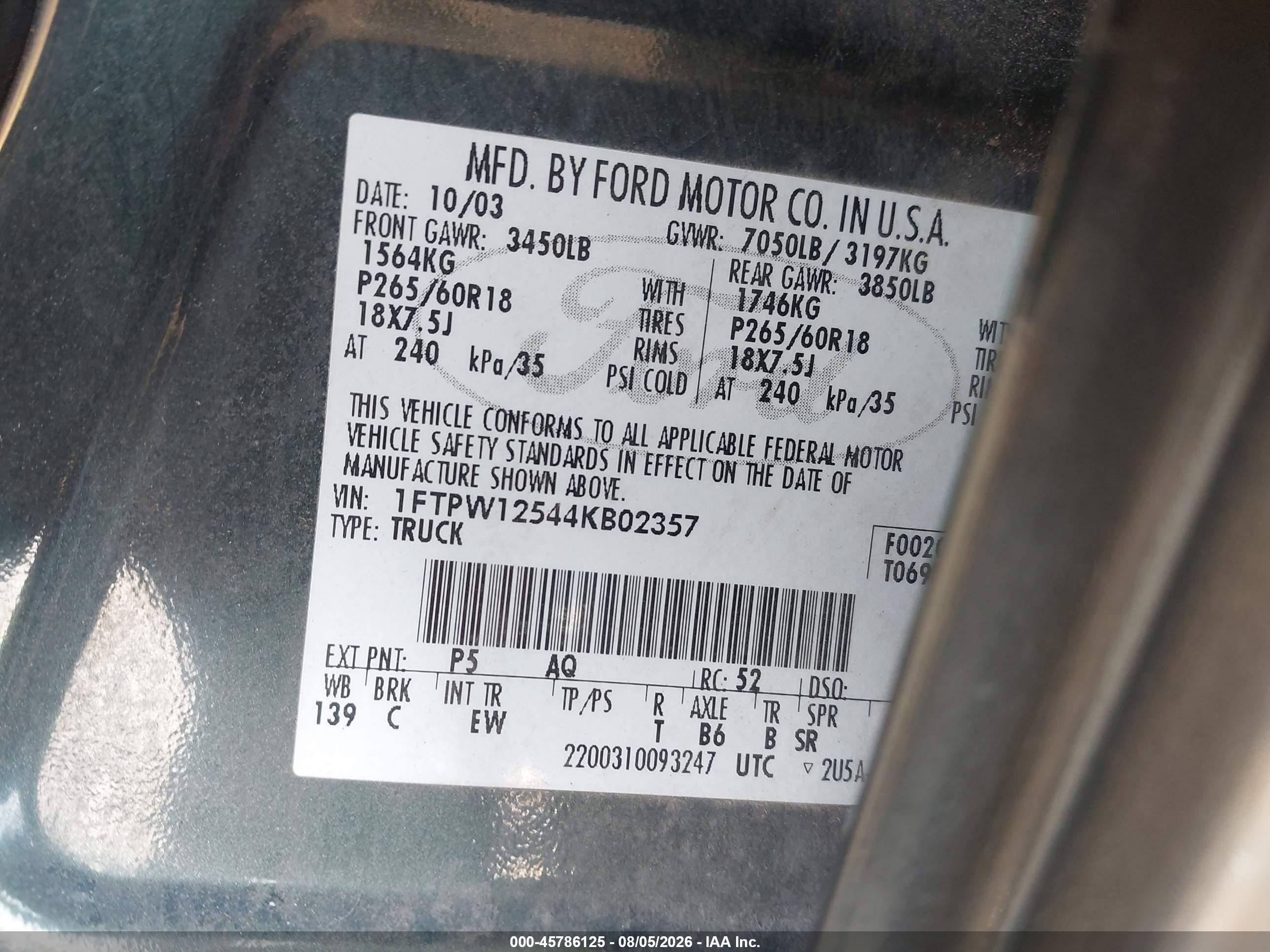 2004 Ford F-150 Lariat/xlt Green vin: 1FTPW12544KB02357