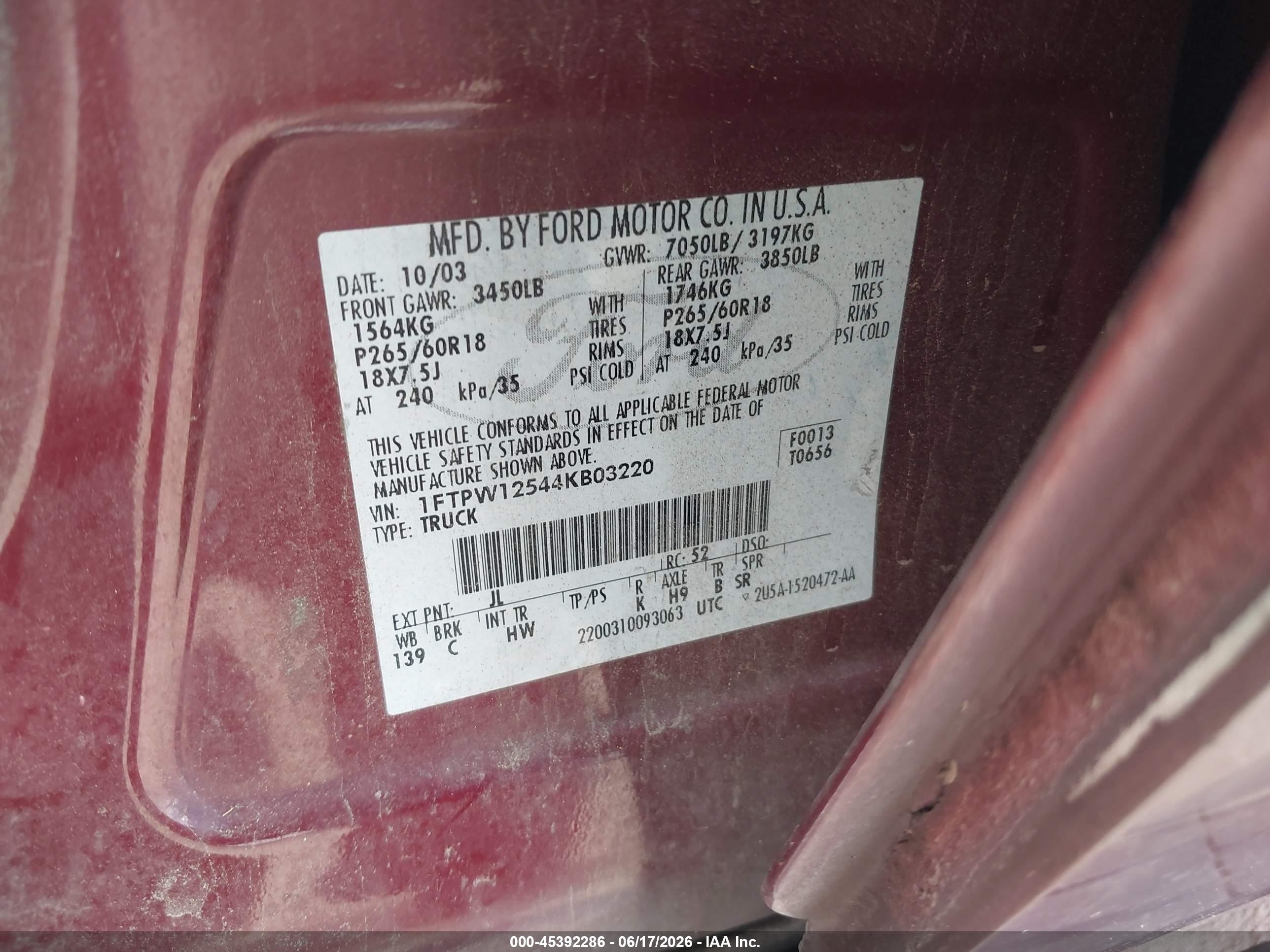 2004 Ford F-150 Lariat/xlt Purple vin: 1FTPW12544KB03220