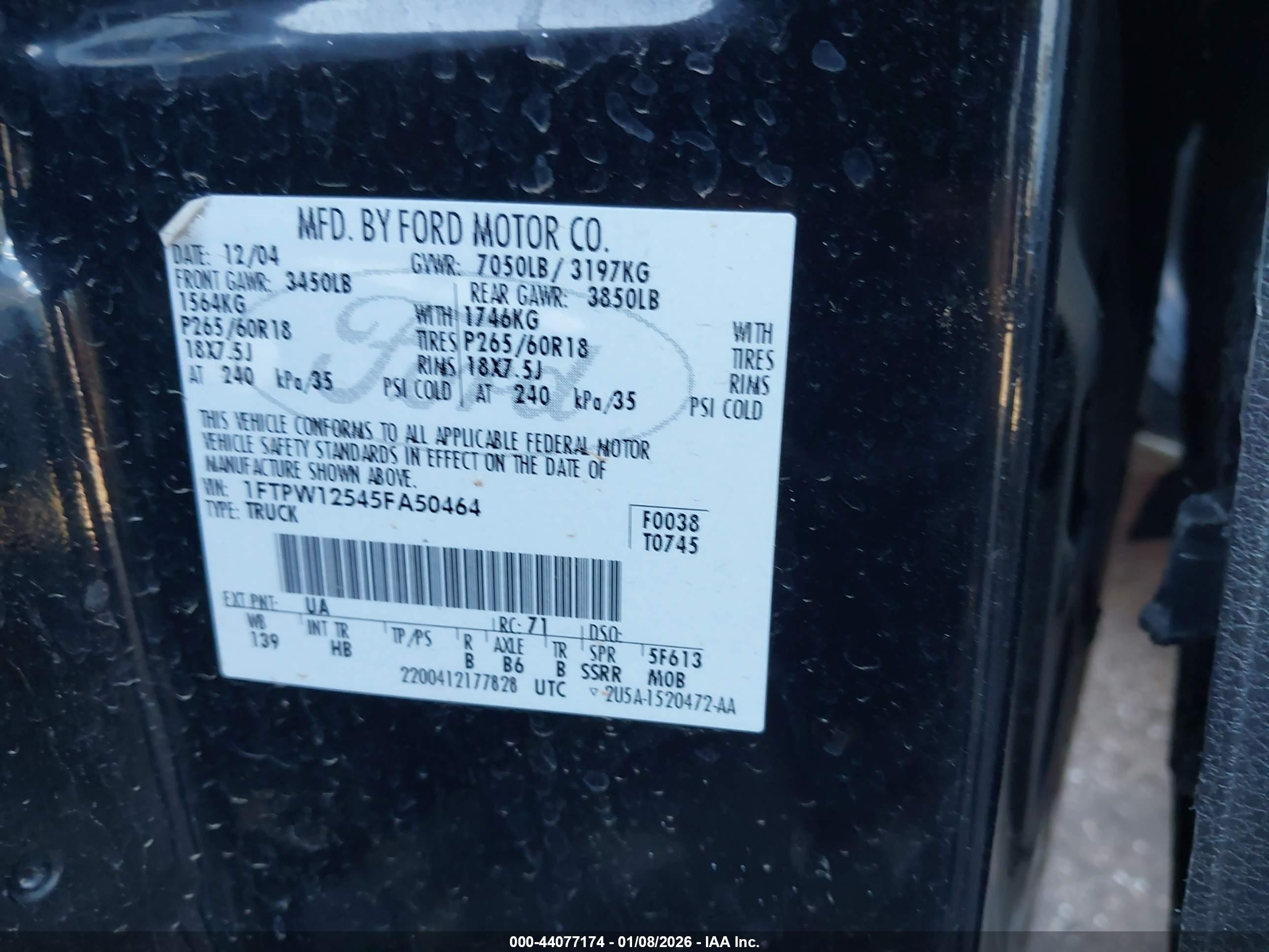 2005 Ford F-150 Lariat/xlt Black vin: 1FTPW12545FA50464