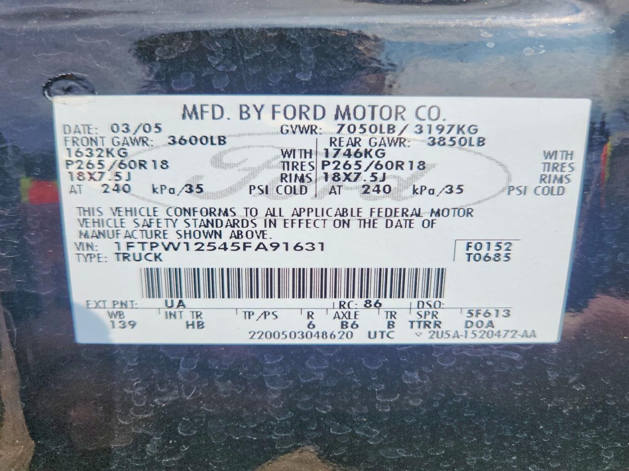 2005 Ford F150 Supercrew Black vin: 1FTPW12545FA91631