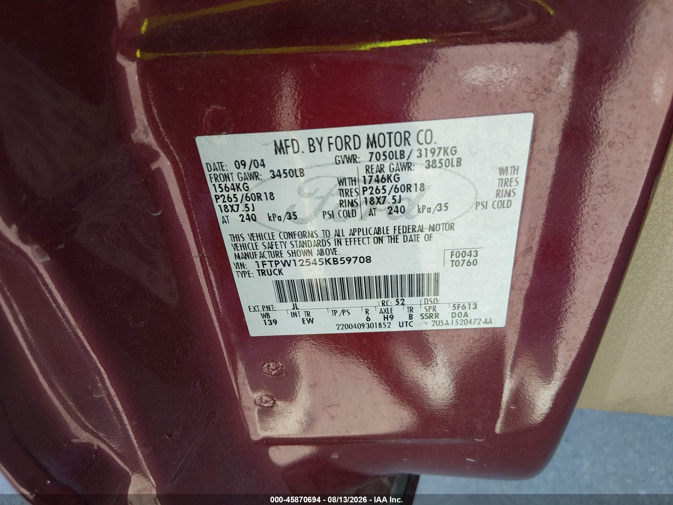 2005 Ford F-150 Lariat/xlt Burgundy vin: 1FTPW12545KB59708