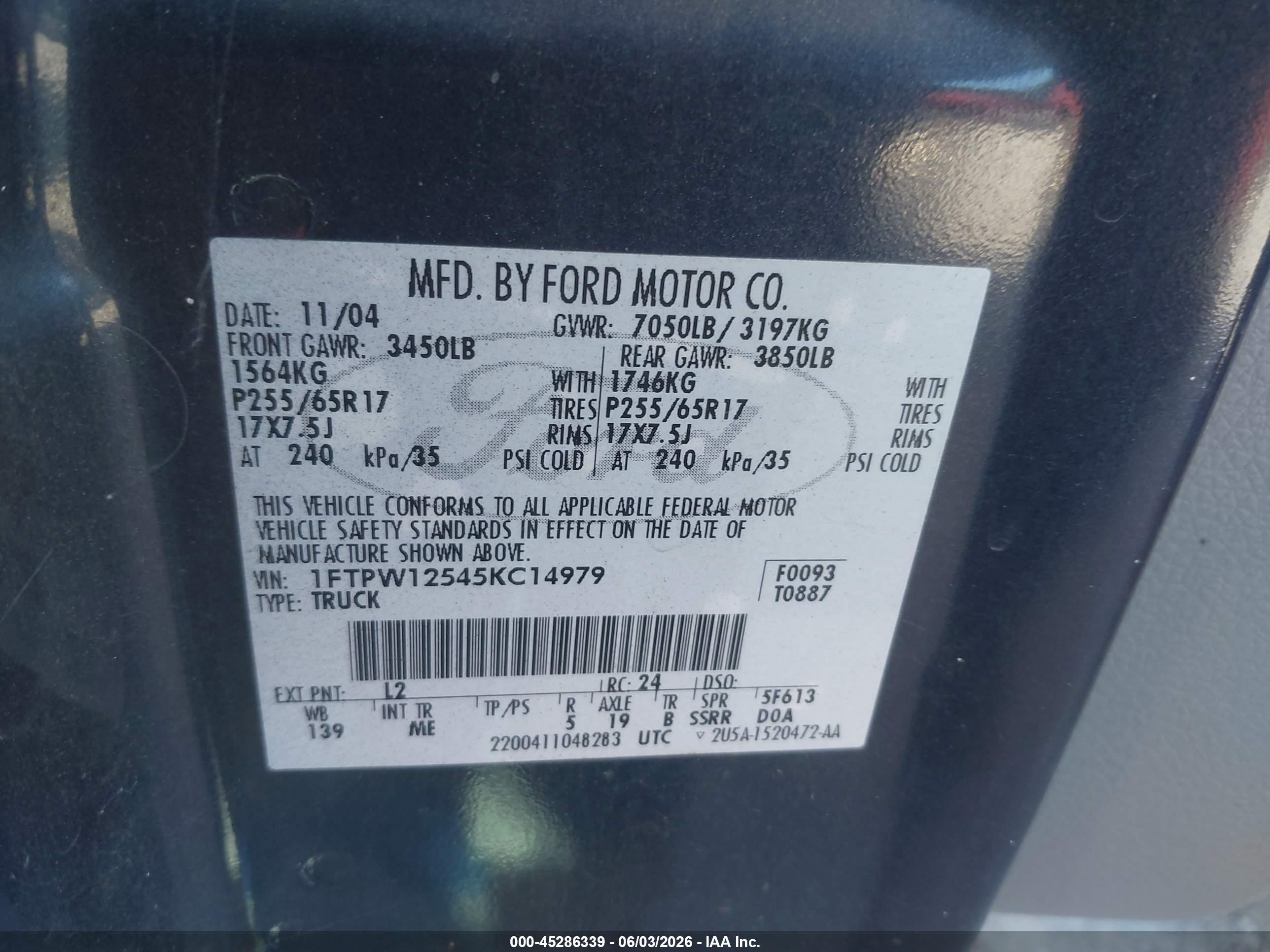 2005 Ford F-150 Lariat/xlt Dark Blue vin: 1FTPW12545KC14979