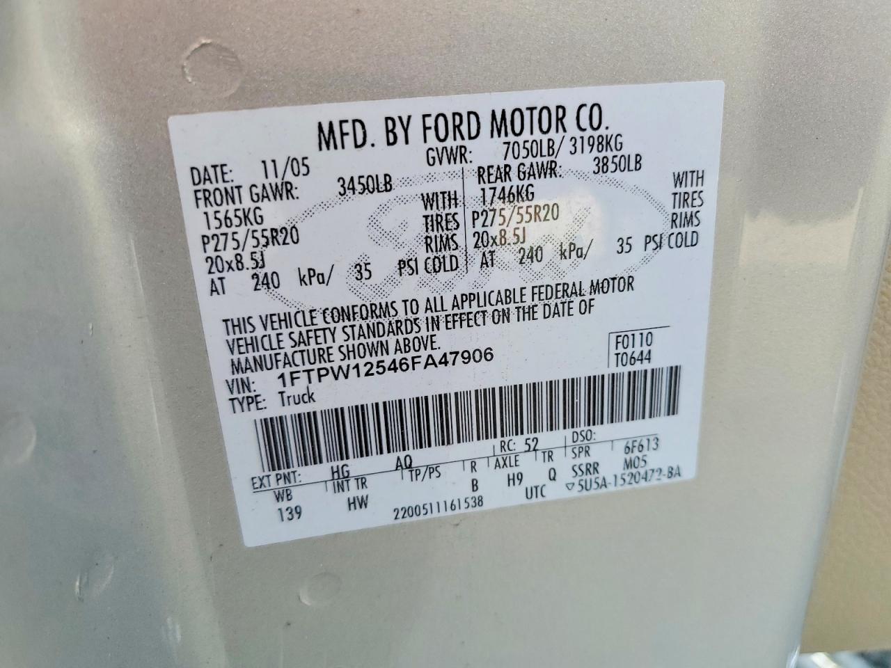 2006 Ford F150 Supercrew Бежевый vin: 1FTPW12546FA47906
