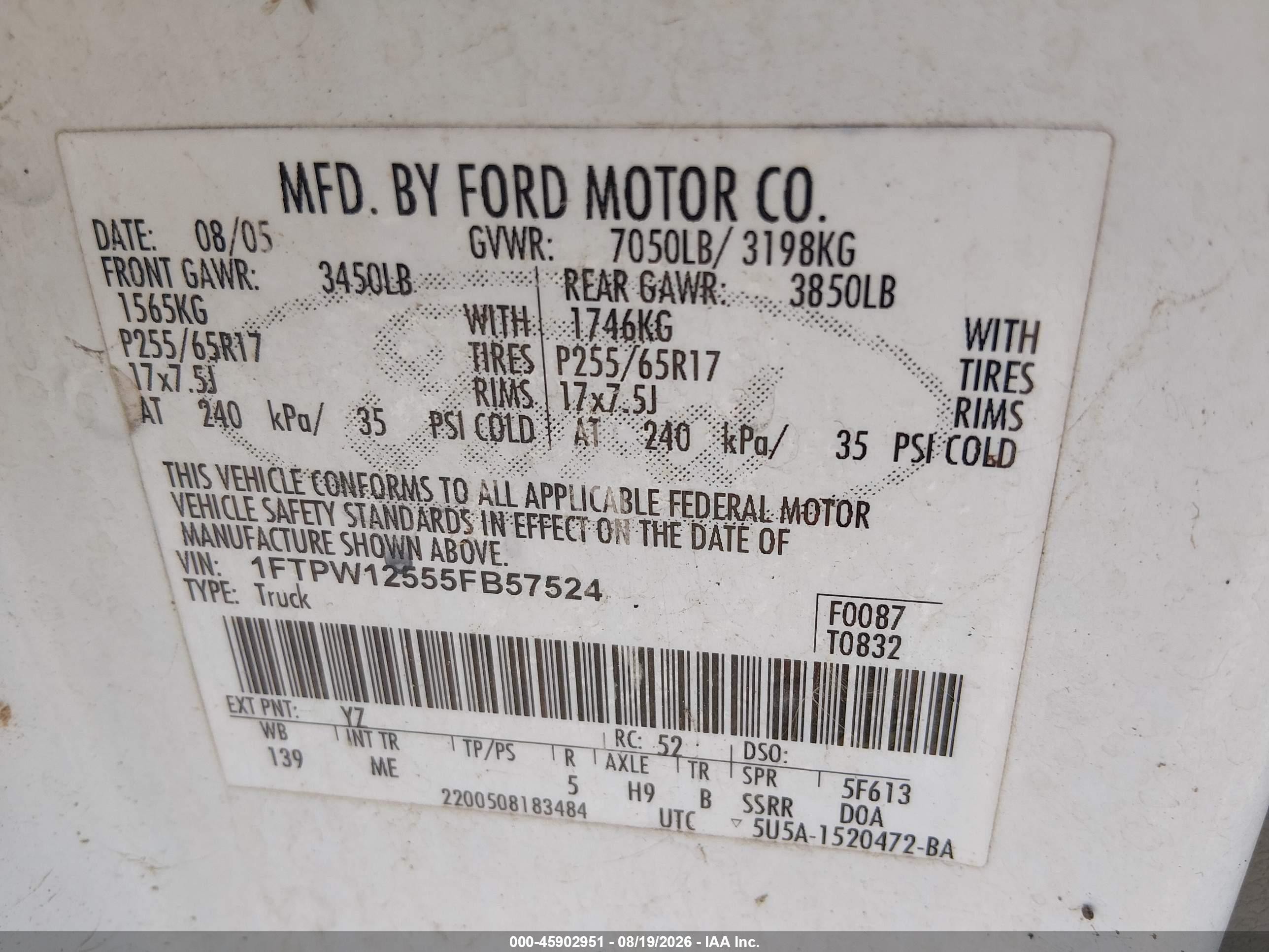 2005 Ford F-150 Lariat/xlt White vin: 1FTPW12555FB57524