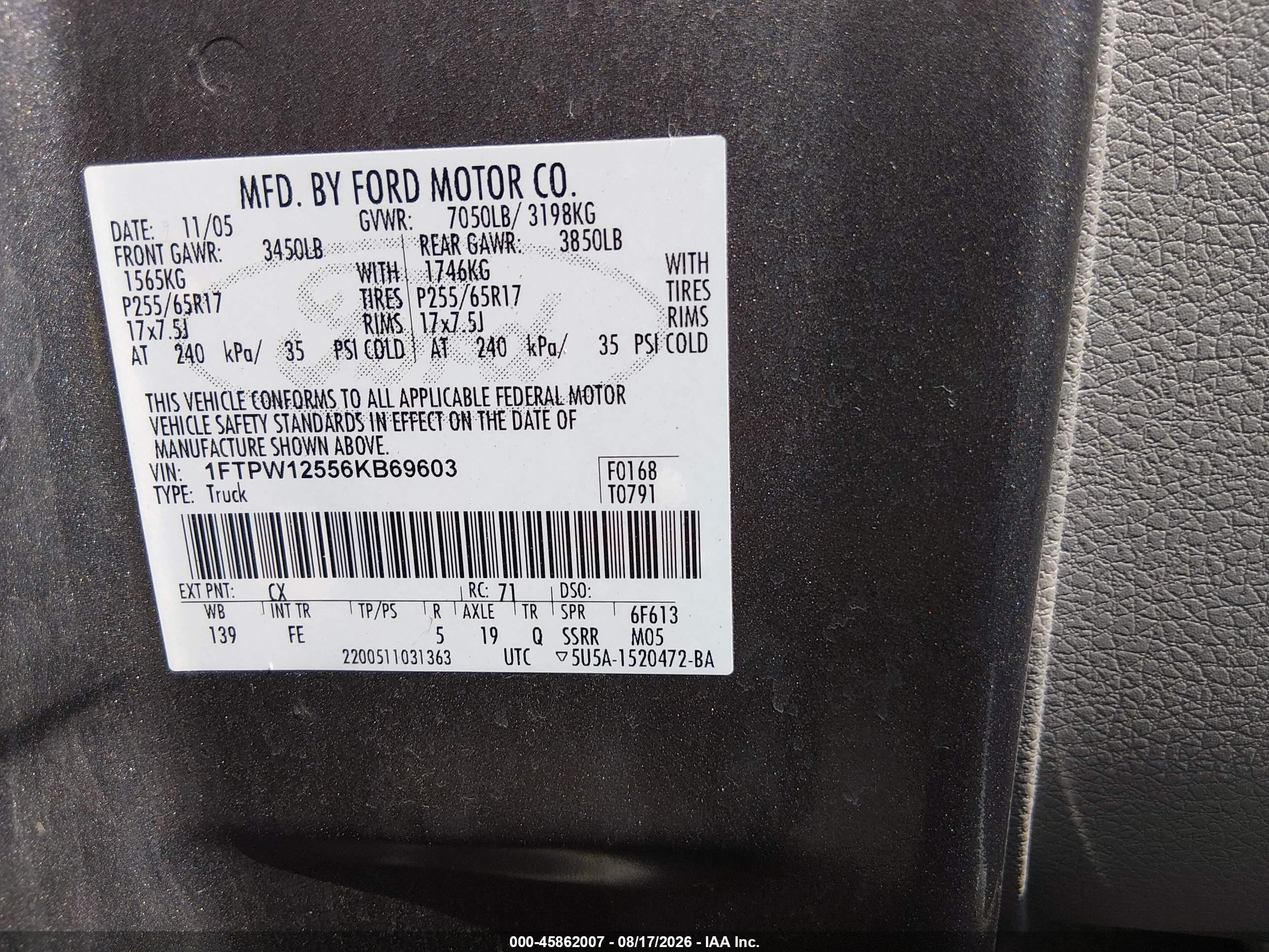 2006 Ford F-150 Lariat/xlt Gray vin: 1FTPW12556KB69603
