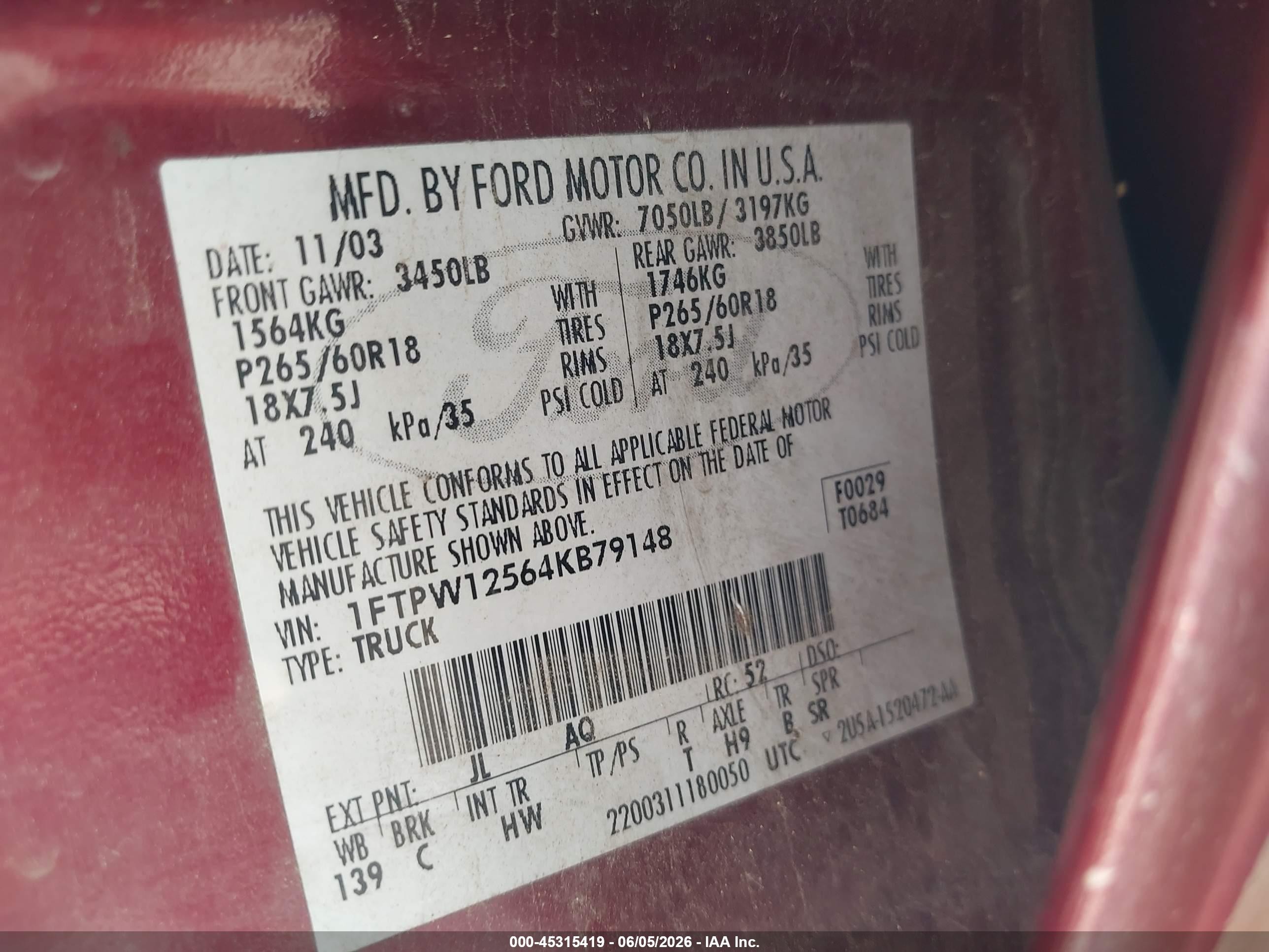 2004 Ford F-150 Lariat/xlt Maroon vin: 1FTPW12564KB79148