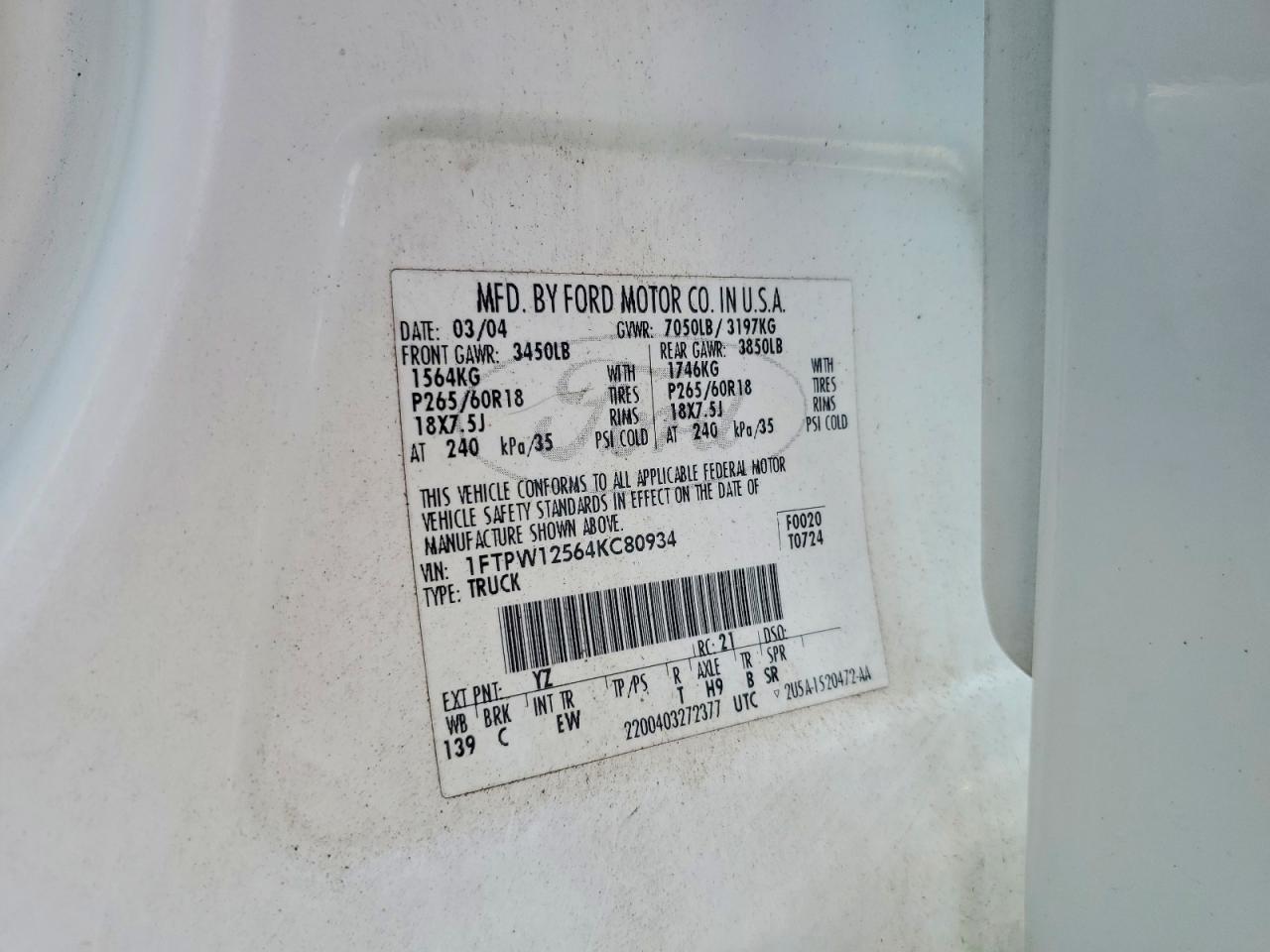 2004 Ford F150 Supercrew White vin: 1FTPW12564KC80934