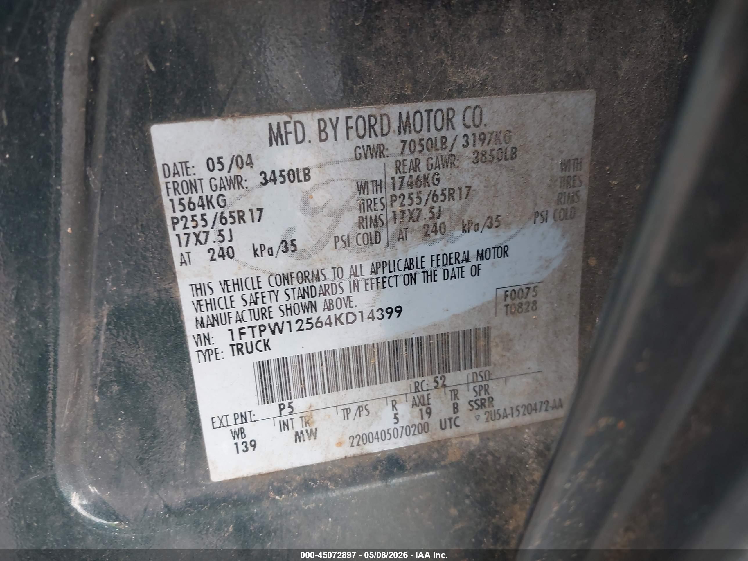 2004 Ford F-150 Lariat/xlt Green vin: 1FTPW12564KD14399