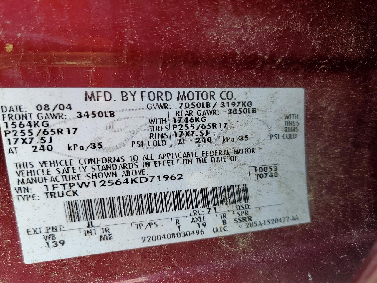 2004 Ford F150 Supercrew Burgundy vin: 1FTPW12564KD71962
