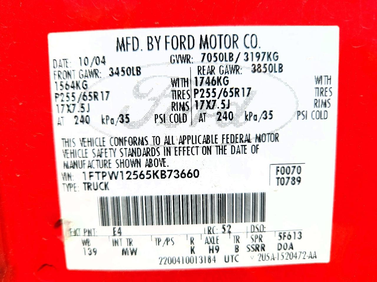 2005 Ford F150 Supercrew Red vin: 1FTPW12565KB73660