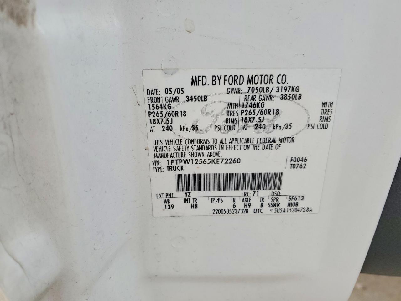 2005 Ford F150 Supercrew White vin: 1FTPW12565KE72260