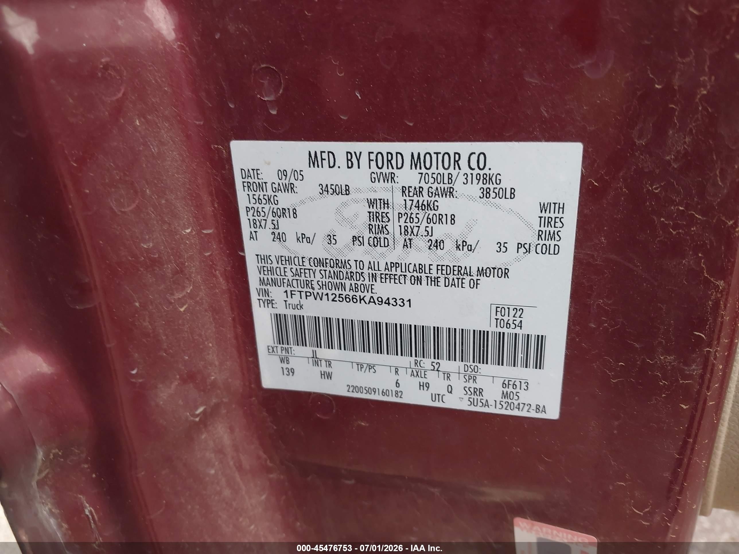 2006 Ford F-150 Lariat/xlt Red vin: 1FTPW12566KA94331