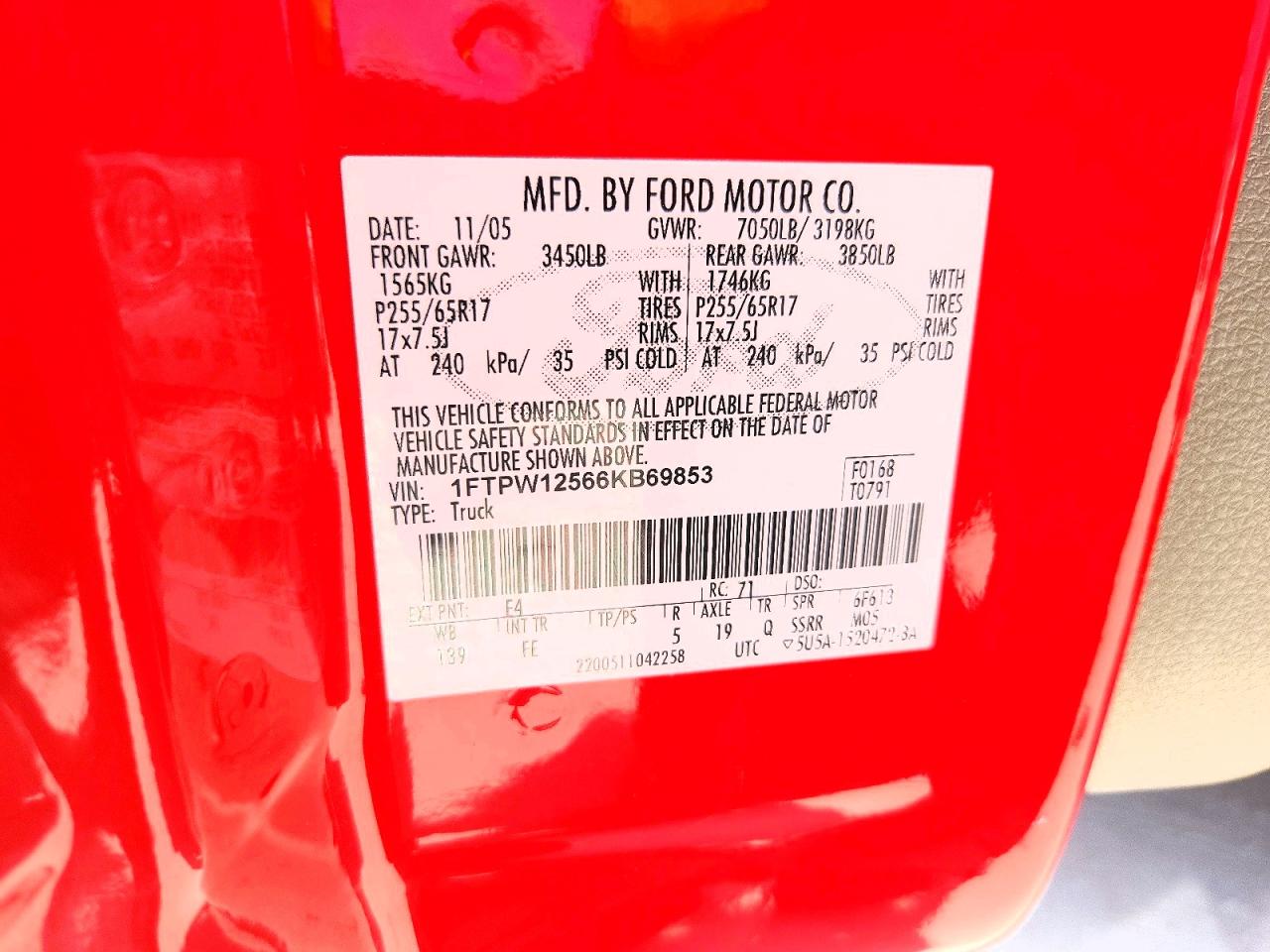 2006 Ford F150 Supercrew Red vin: 1FTPW12566KB69853