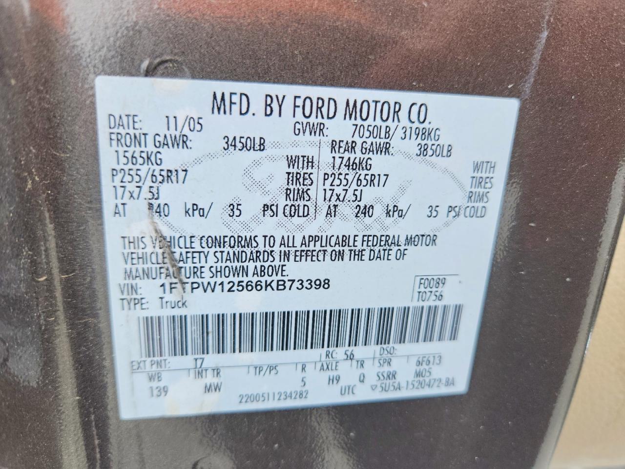 2006 Ford F150 Supercrew Charcoal vin: 1FTPW12566KB73398