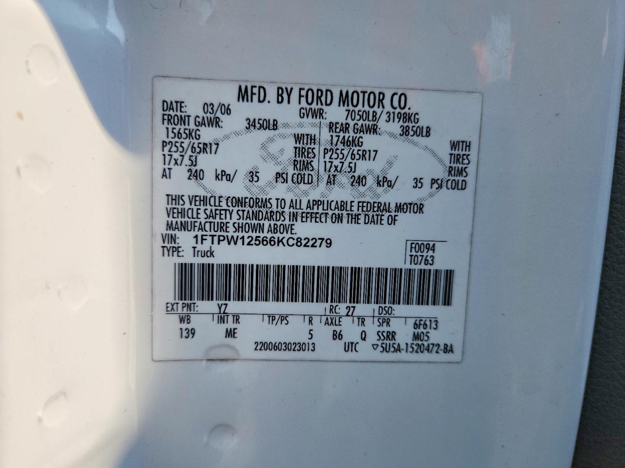 2006 Ford F150 Supercrew White vin: 1FTPW12566KC82279