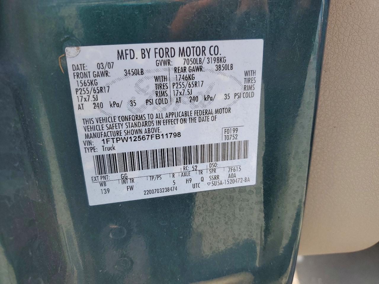 2007 Ford F150 Supercrew Зеленый vin: 1FTPW12567FB11798