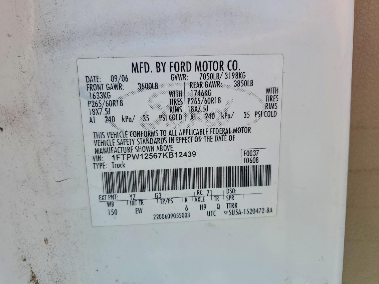 2007 Ford F150 Supercrew White vin: 1FTPW12567KB12439