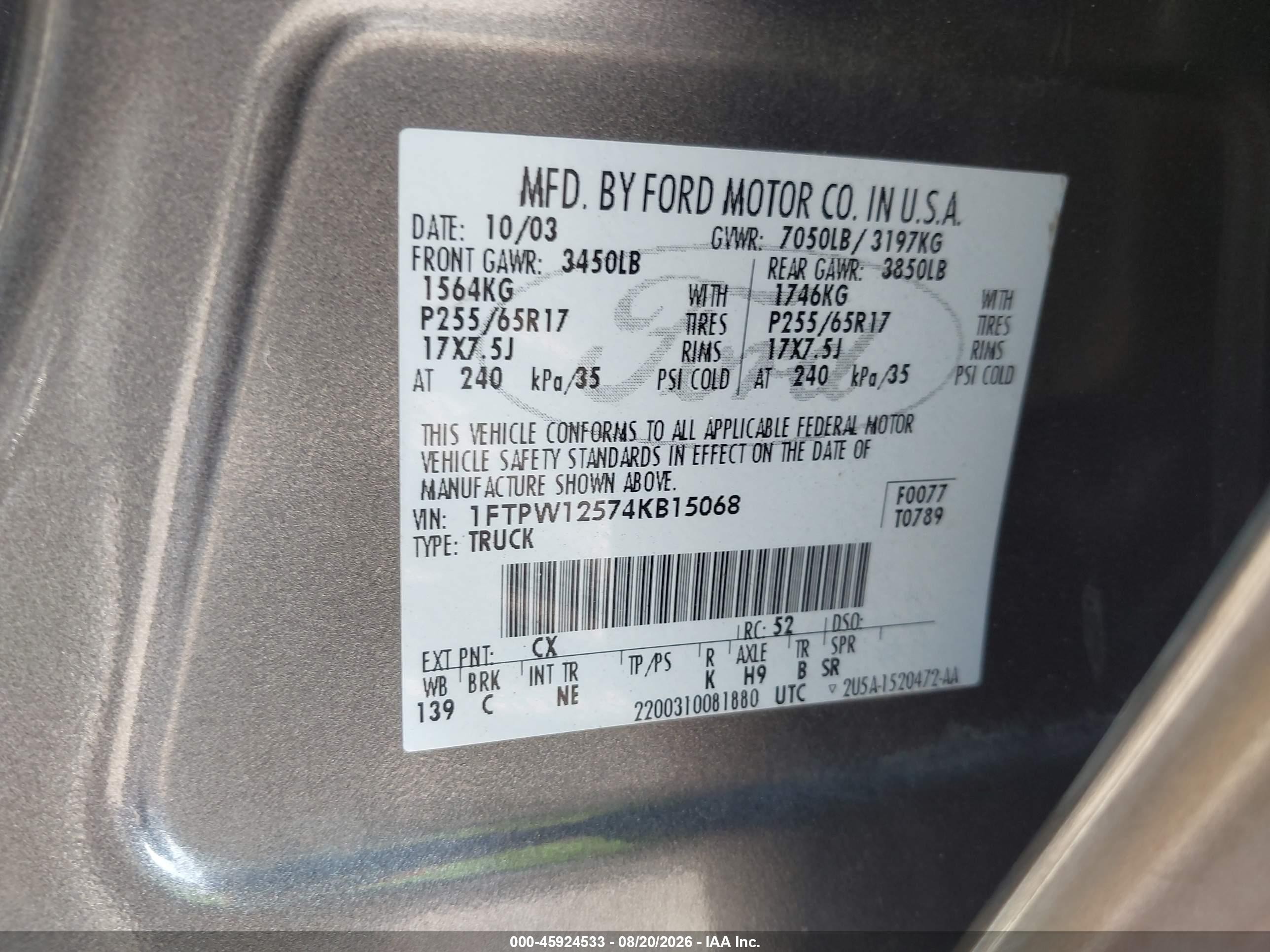 2004 Ford F-150 Lariat/xlt Gray vin: 1FTPW12574KB15068