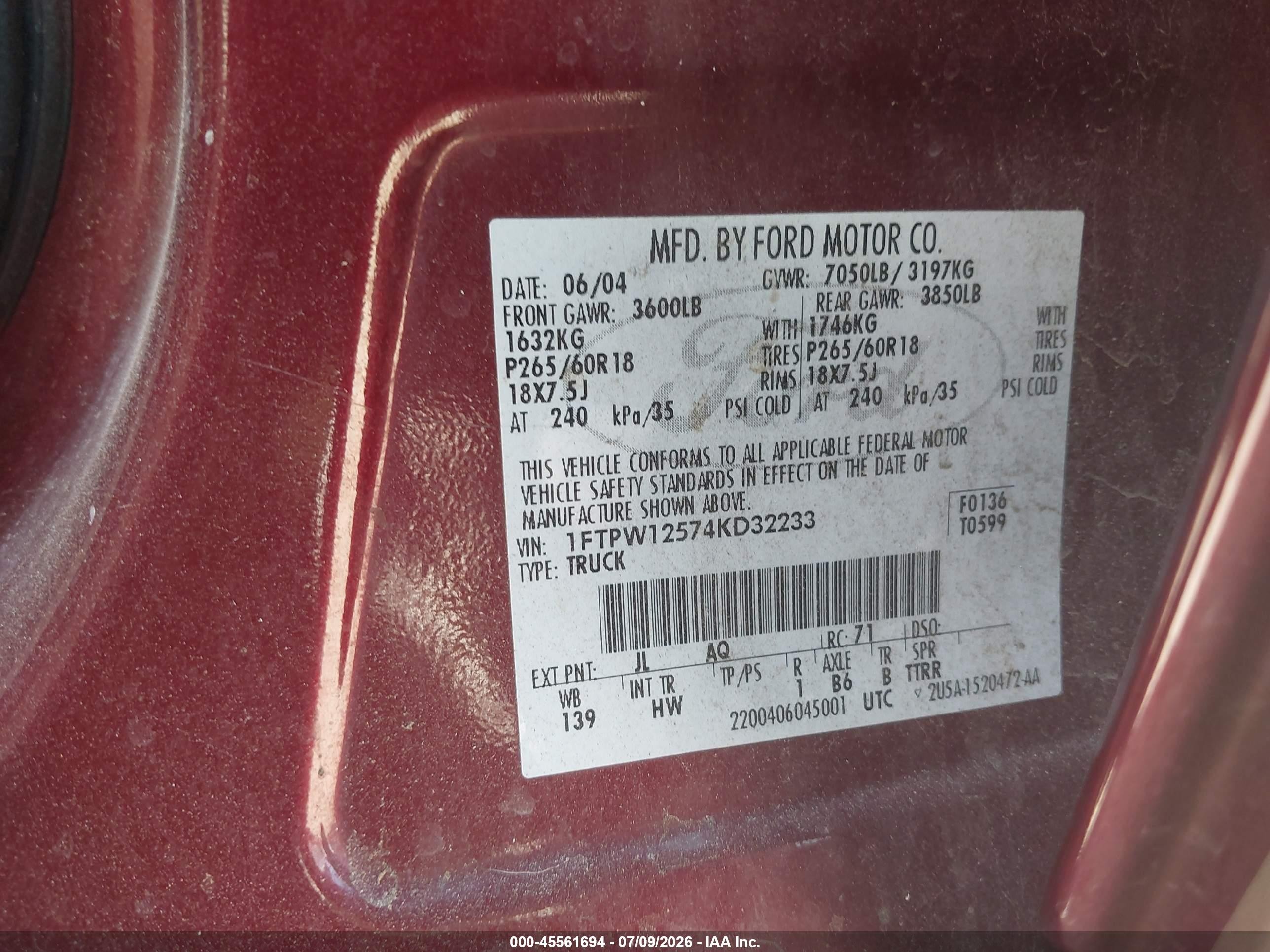 2004 Ford F-150 Lariat/xlt Бордовый vin: 1FTPW12574KD32233