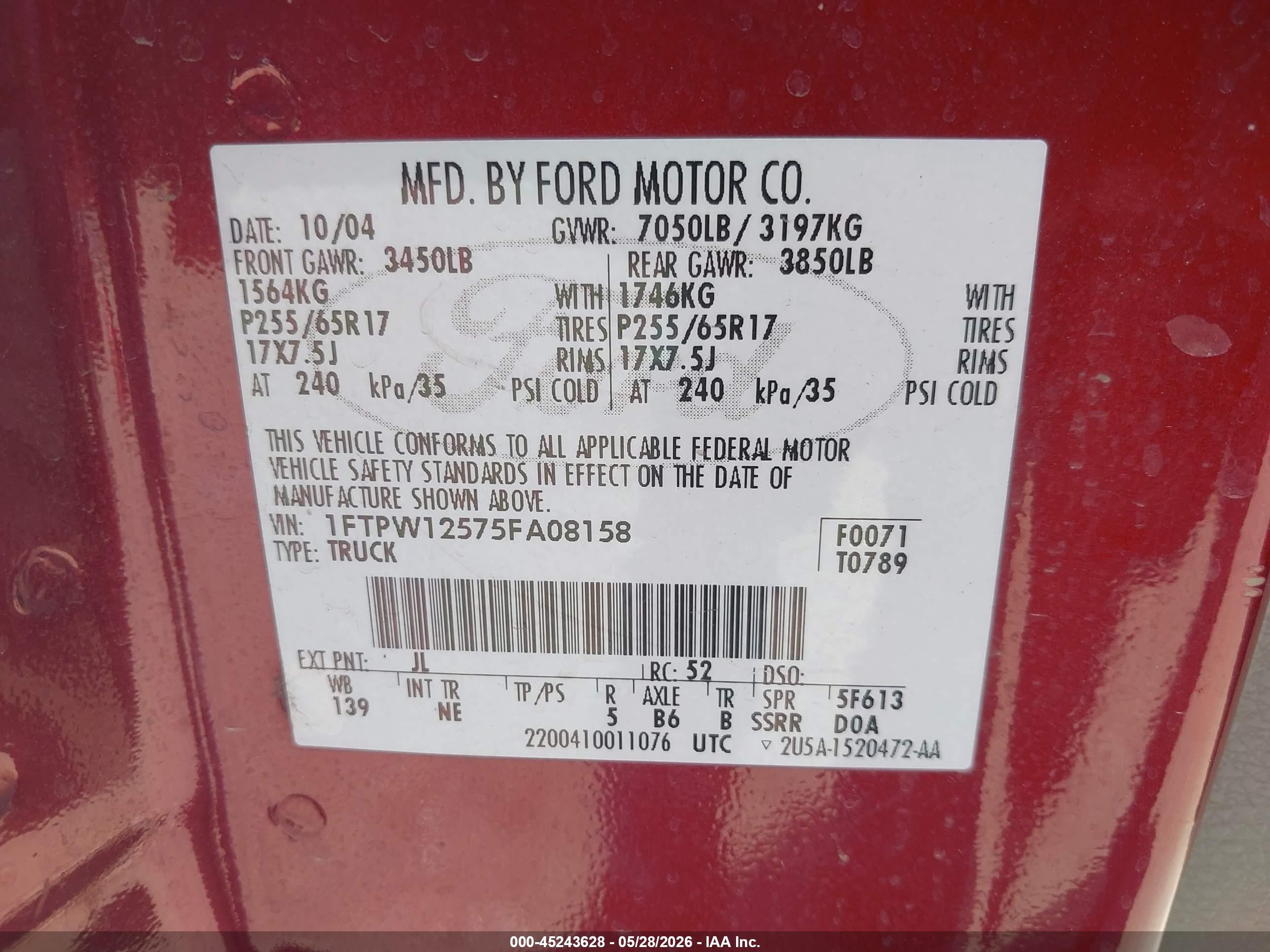 2005 Ford F-150 Lariat/xlt Burgundy vin: 1FTPW12575FA08158