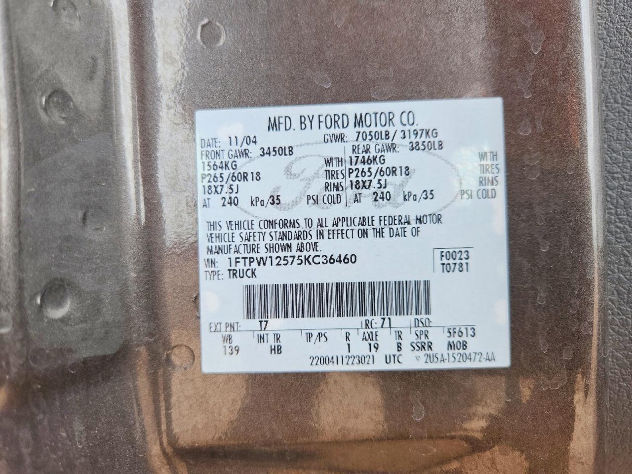 2005 Ford F150 Supercrew Gray vin: 1FTPW12575KC36460