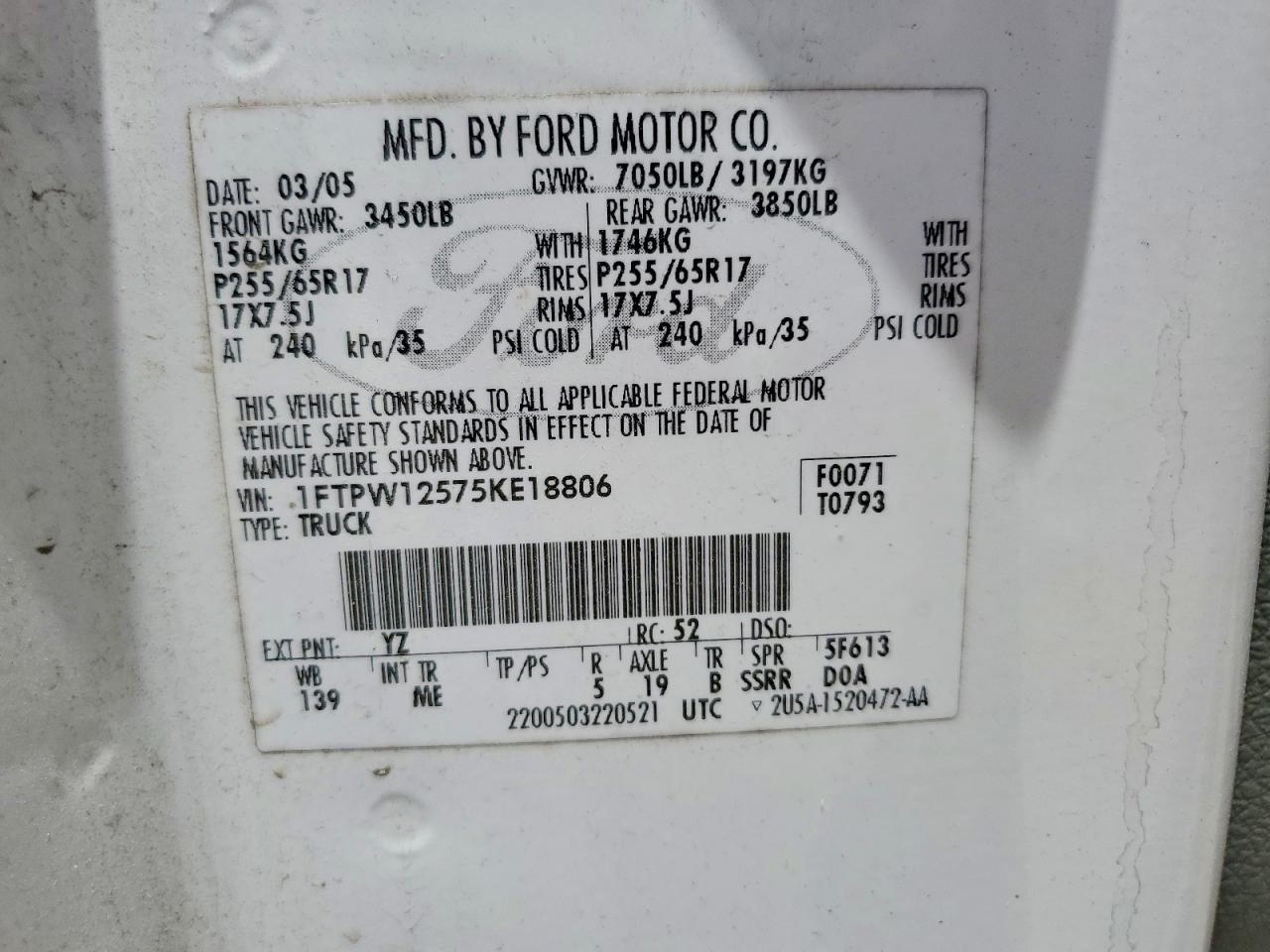 2005 Ford F150 Supercrew White vin: 1FTPW12575KE18806
