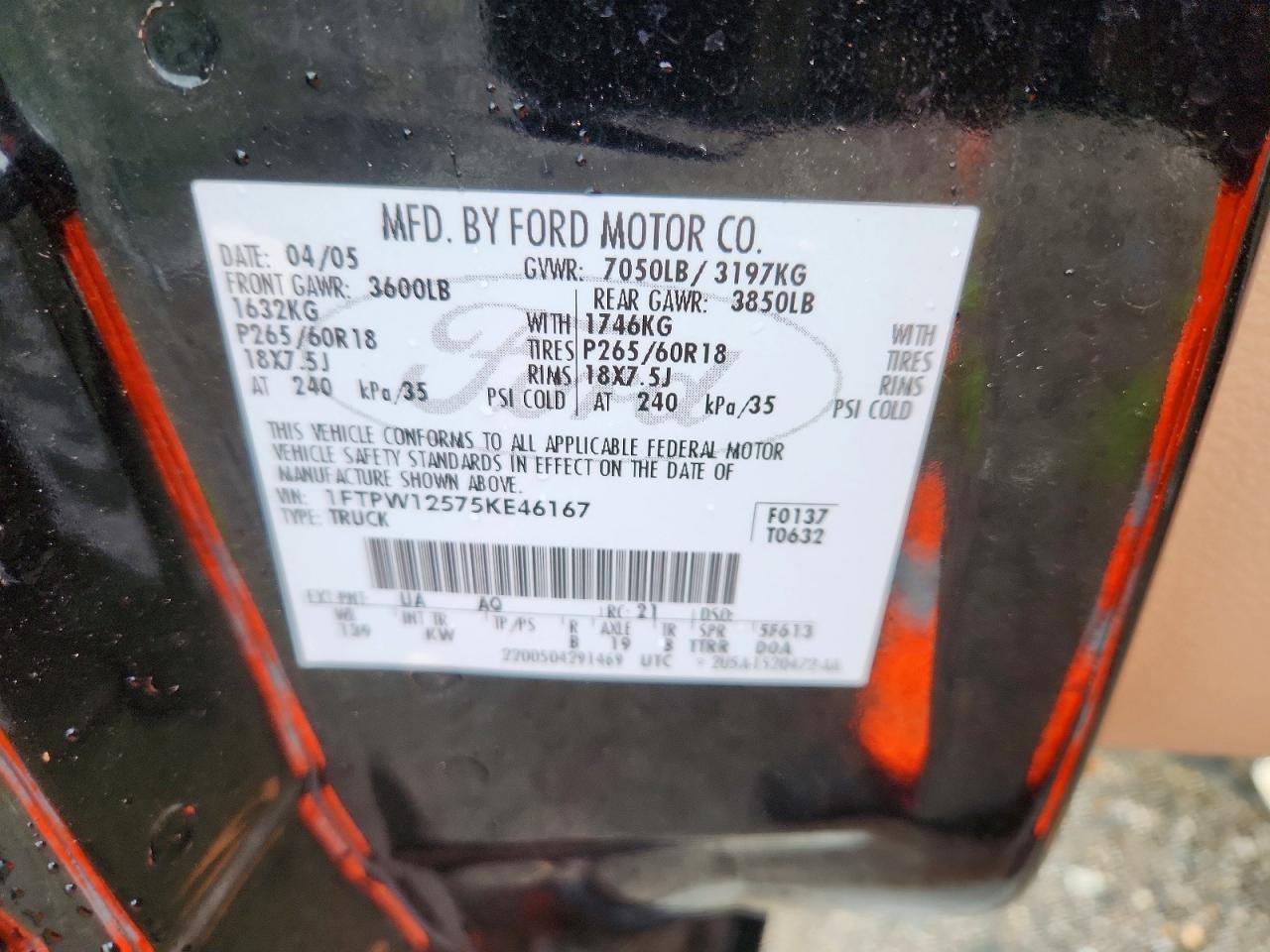 2005 Ford F150 Supercrew Black vin: 1FTPW12575KE46167