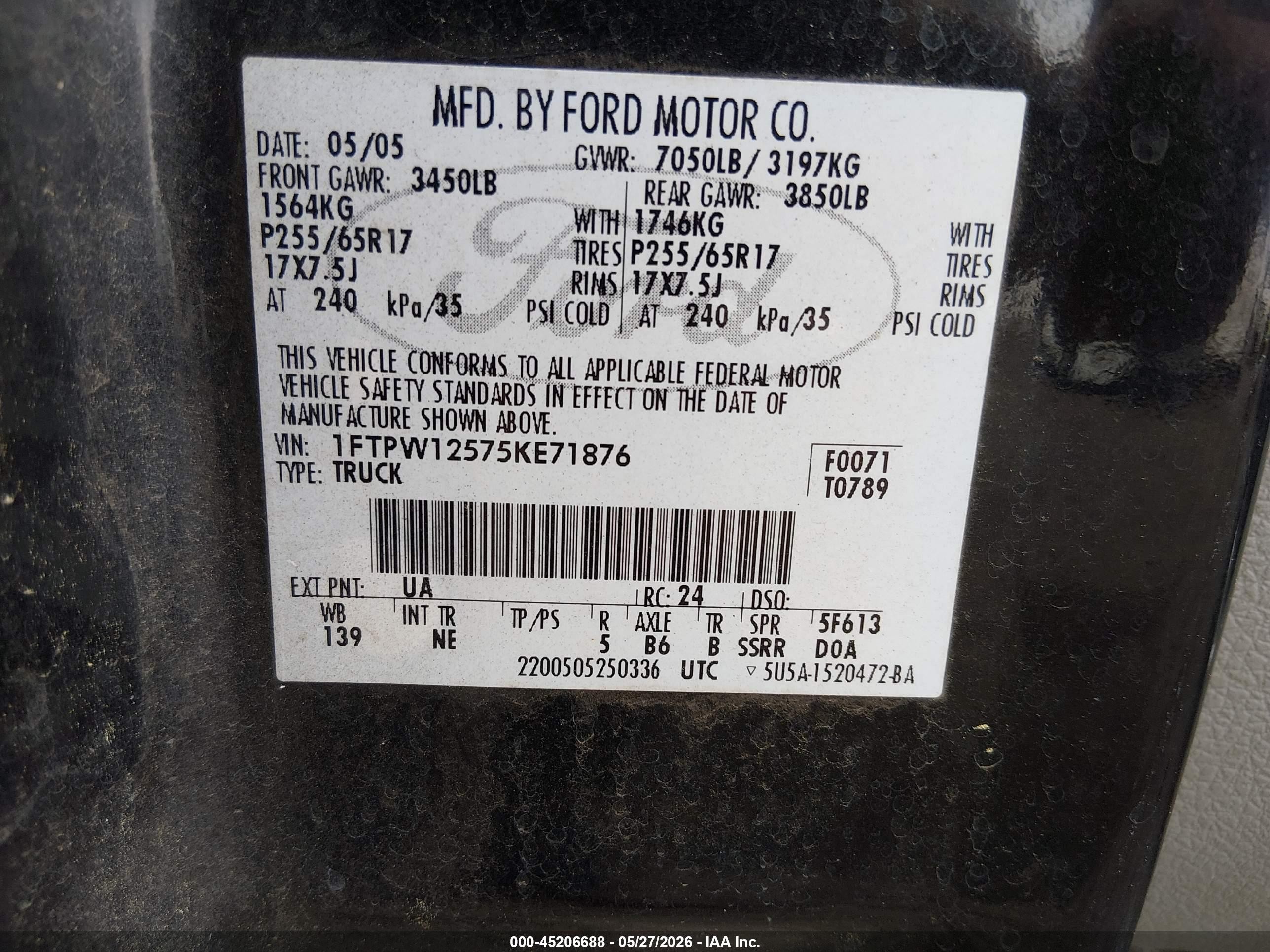 2005 Ford F-150 Lariat/xlt Black vin: 1FTPW12575KE71876