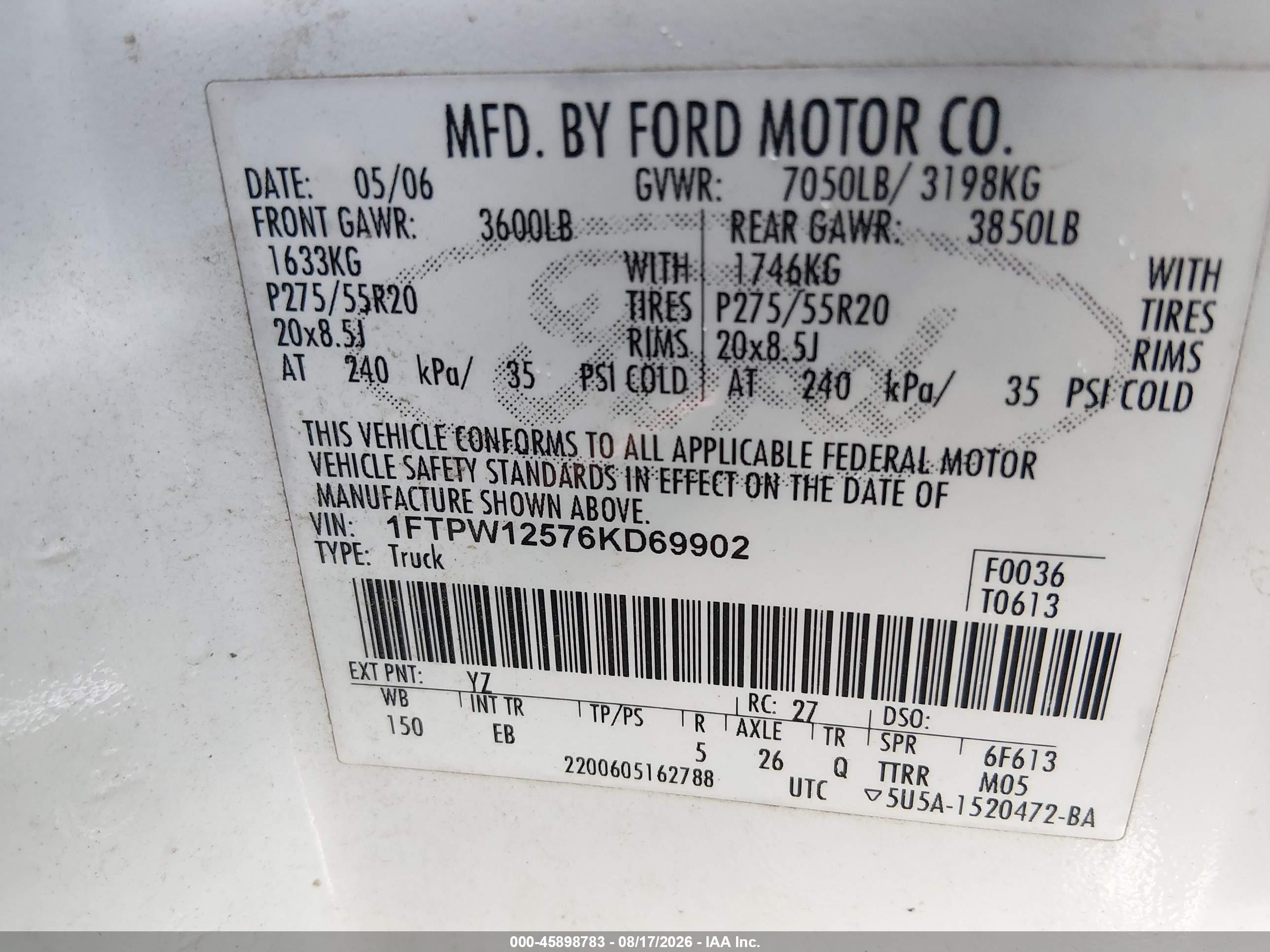 2006 Ford F-150 Lariat/xlt White vin: 1FTPW12576KD69902