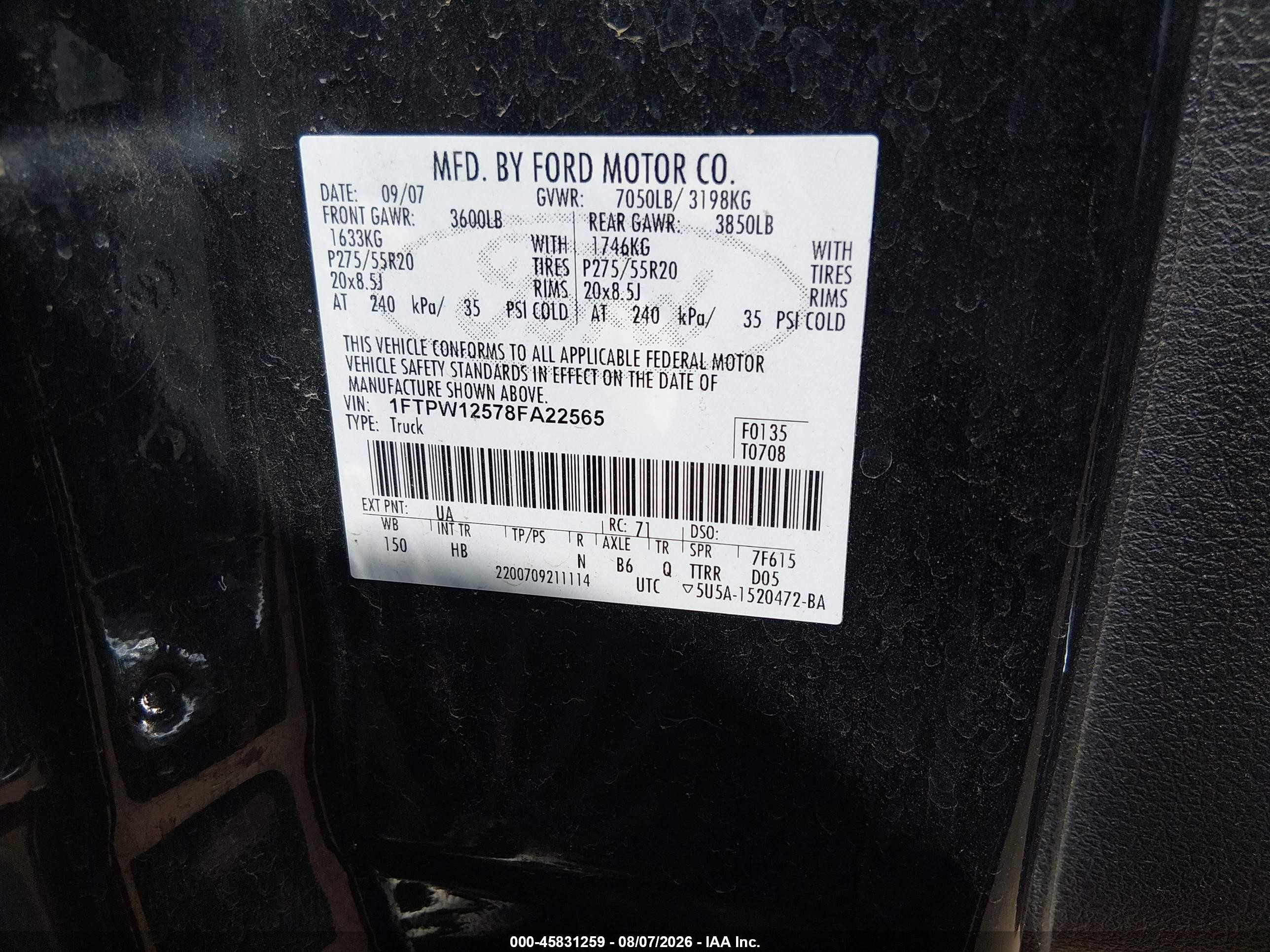 2008 Ford F-150 Lariat Black vin: 1FTPW12578FA22565