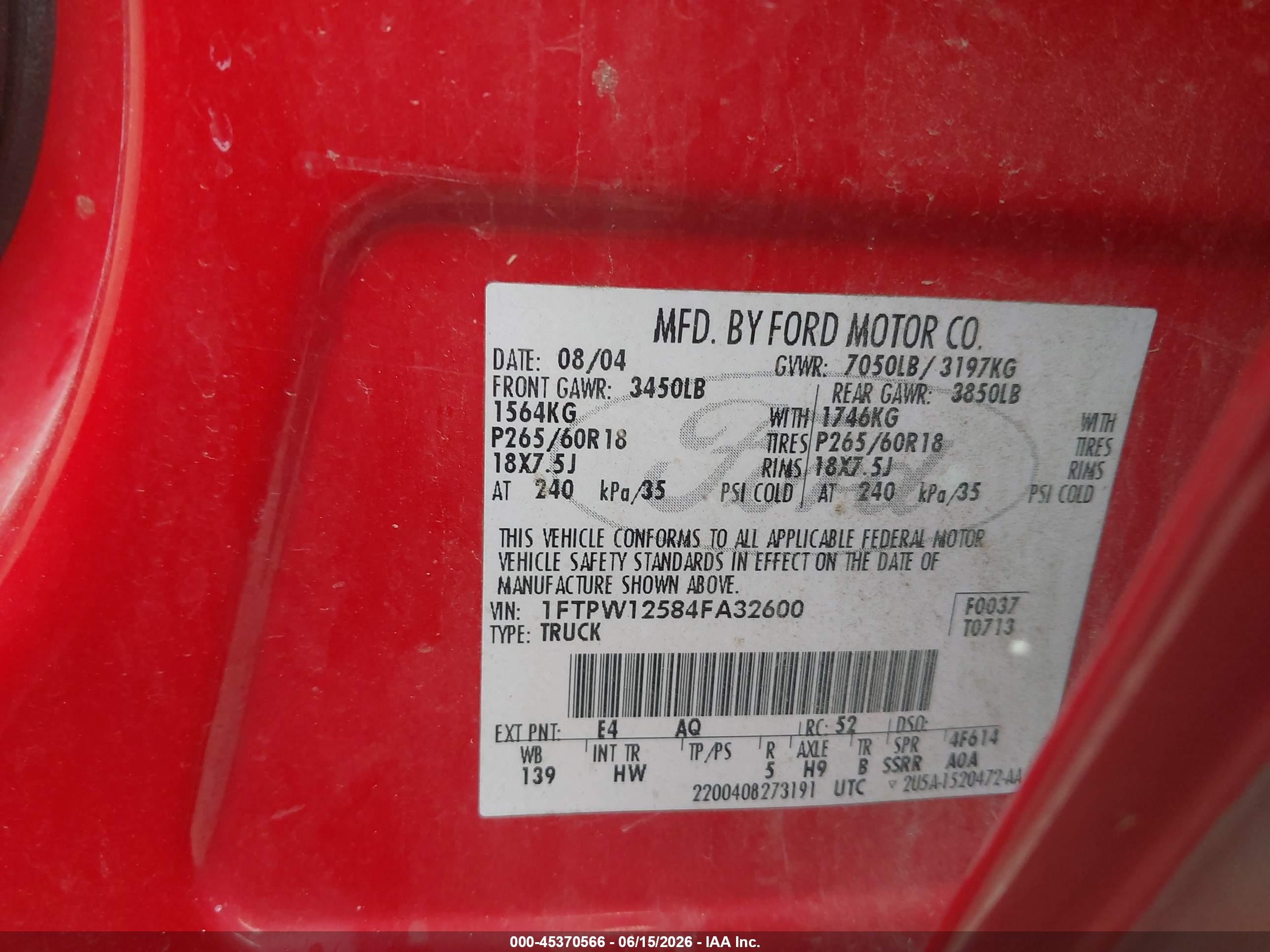 2004 Ford F-150 Lariat/xlt Red vin: 1FTPW12584FA32600