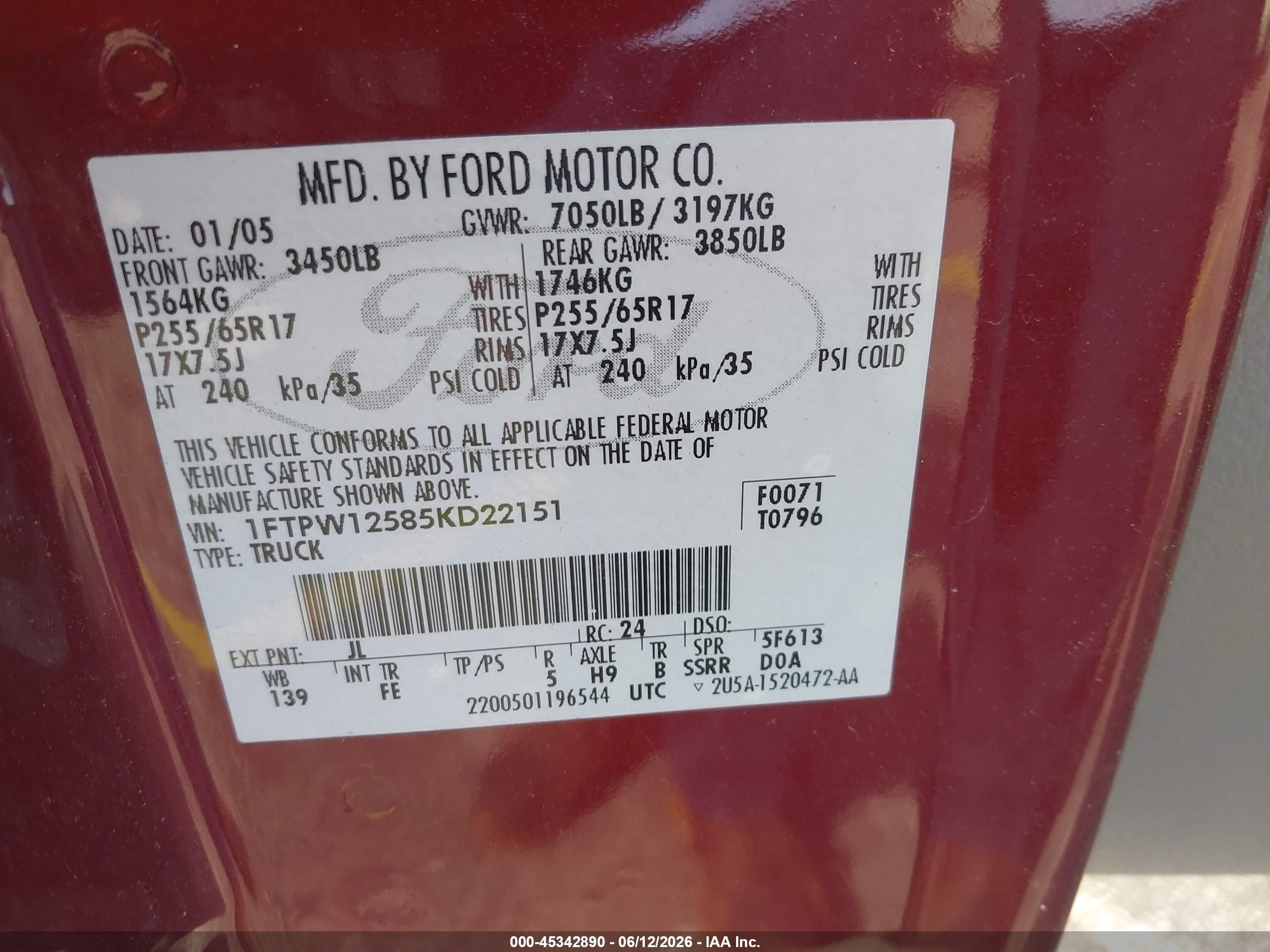2005 Ford F-150 Lariat/xlt Red vin: 1FTPW12585KD22151