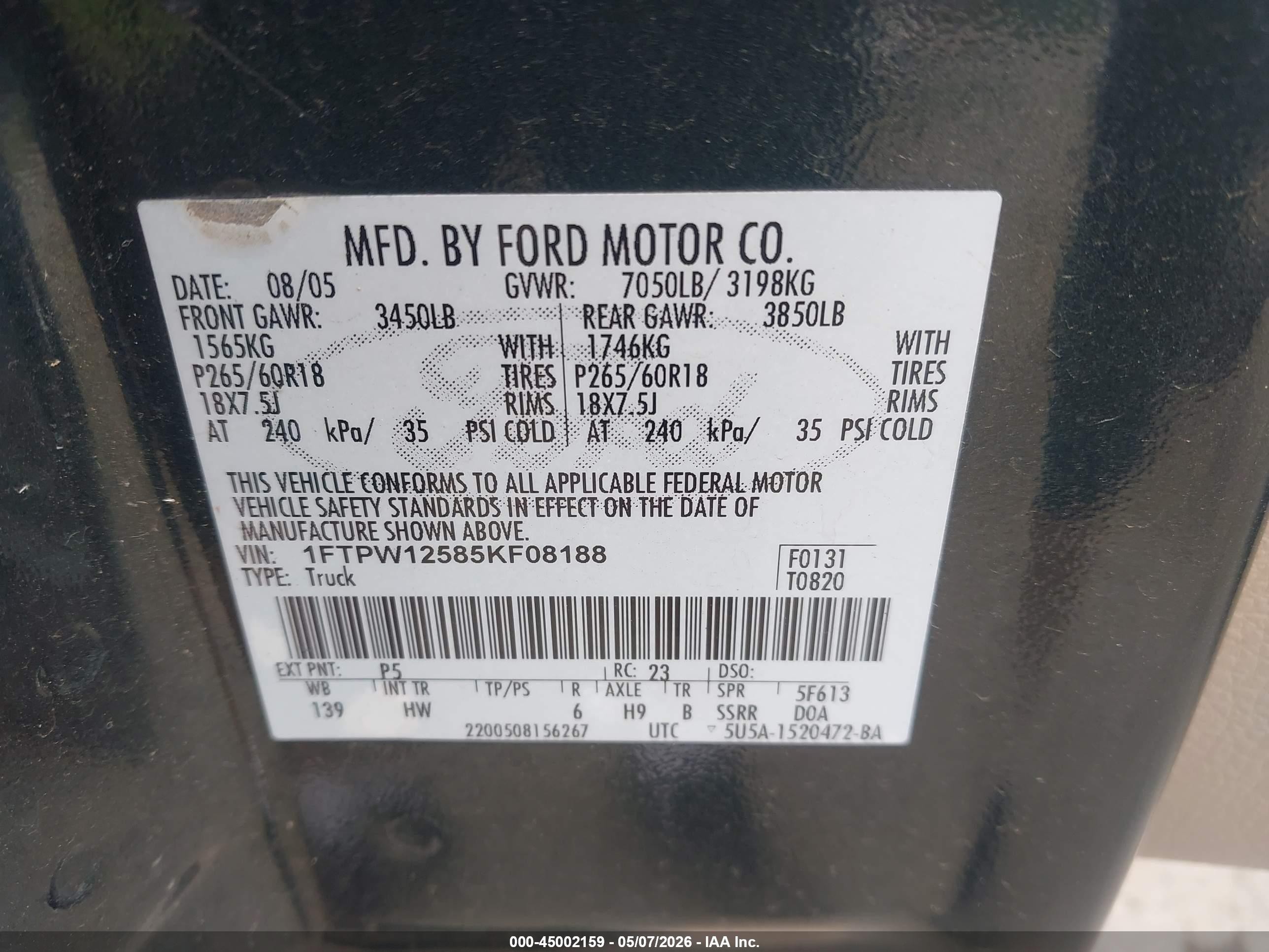 2005 Ford F-150 Lariat/xlt Green vin: 1FTPW12585KF08188
