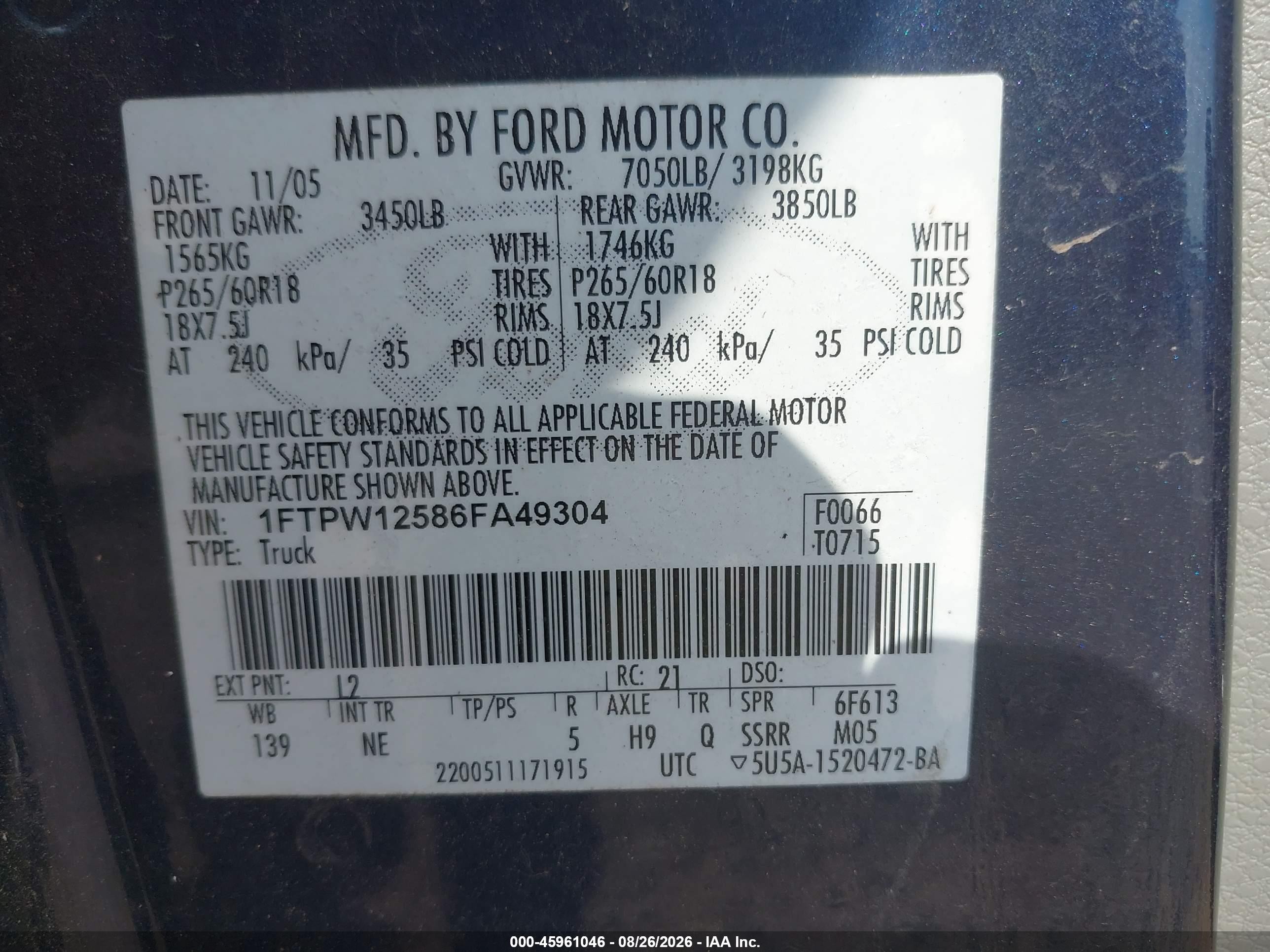 2006 Ford F-150 Lariat/xlt Blue vin: 1FTPW12586FA49304