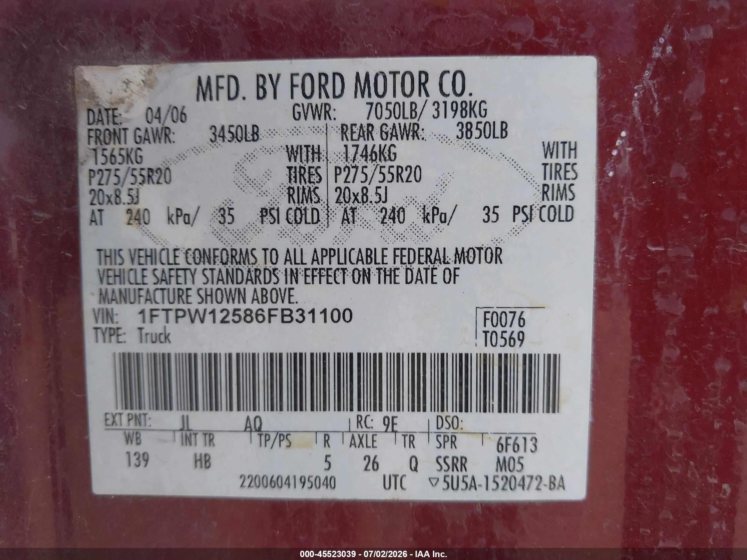 2006 Ford F-150 Lariat/xlt Burgundy vin: 1FTPW12586FB31100