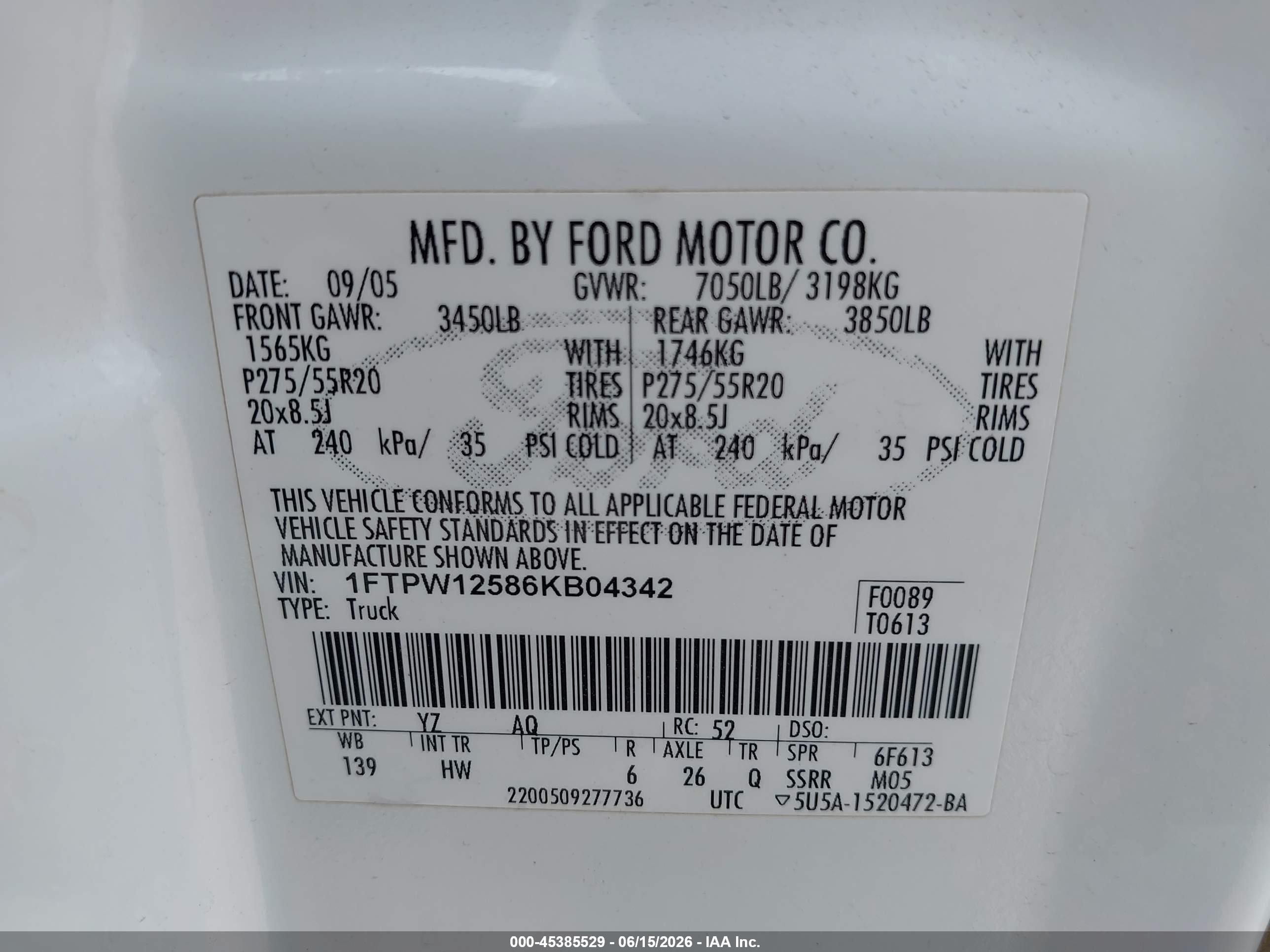 2006 Ford F-150 Lariat/xlt White vin: 1FTPW12586KB04342