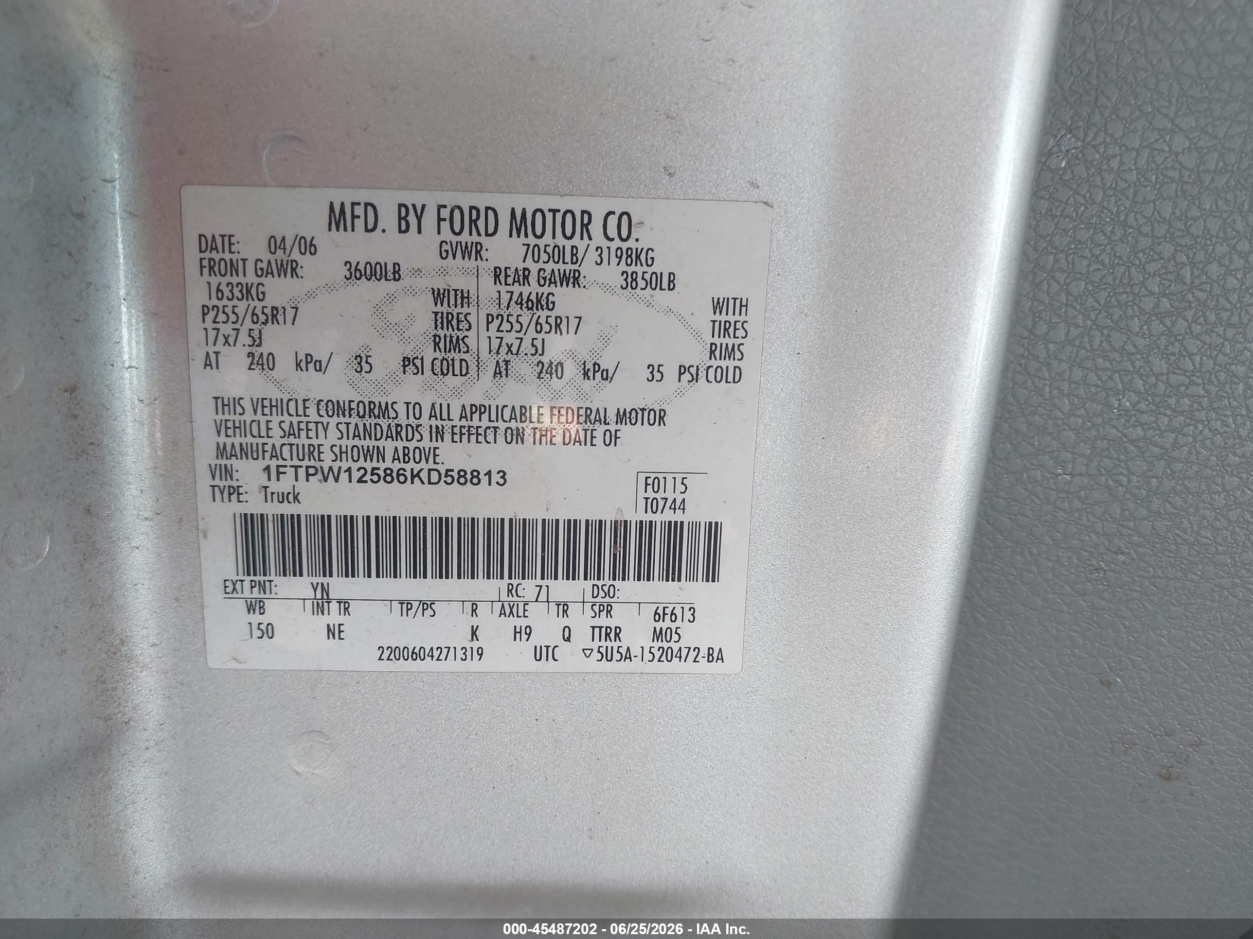 2006 Ford F-150 Lariat/xlt Gray vin: 1FTPW12586KD58813