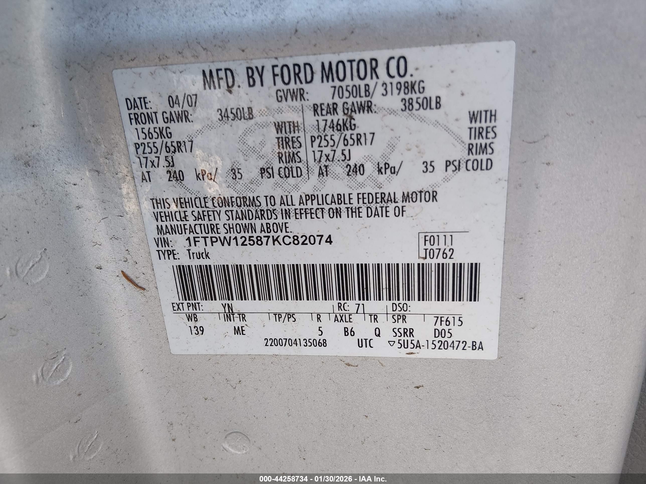 2007 Ford F-150 Lariat/xlt Silver vin: 1FTPW12587KC82074