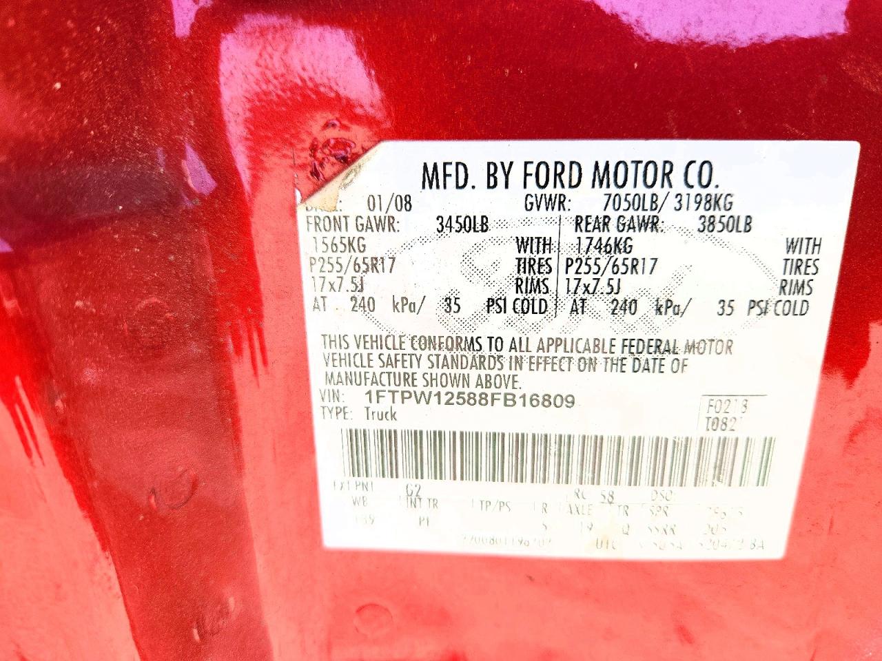2008 Ford F150 Supercrew Red vin: 1FTPW12588FB16809