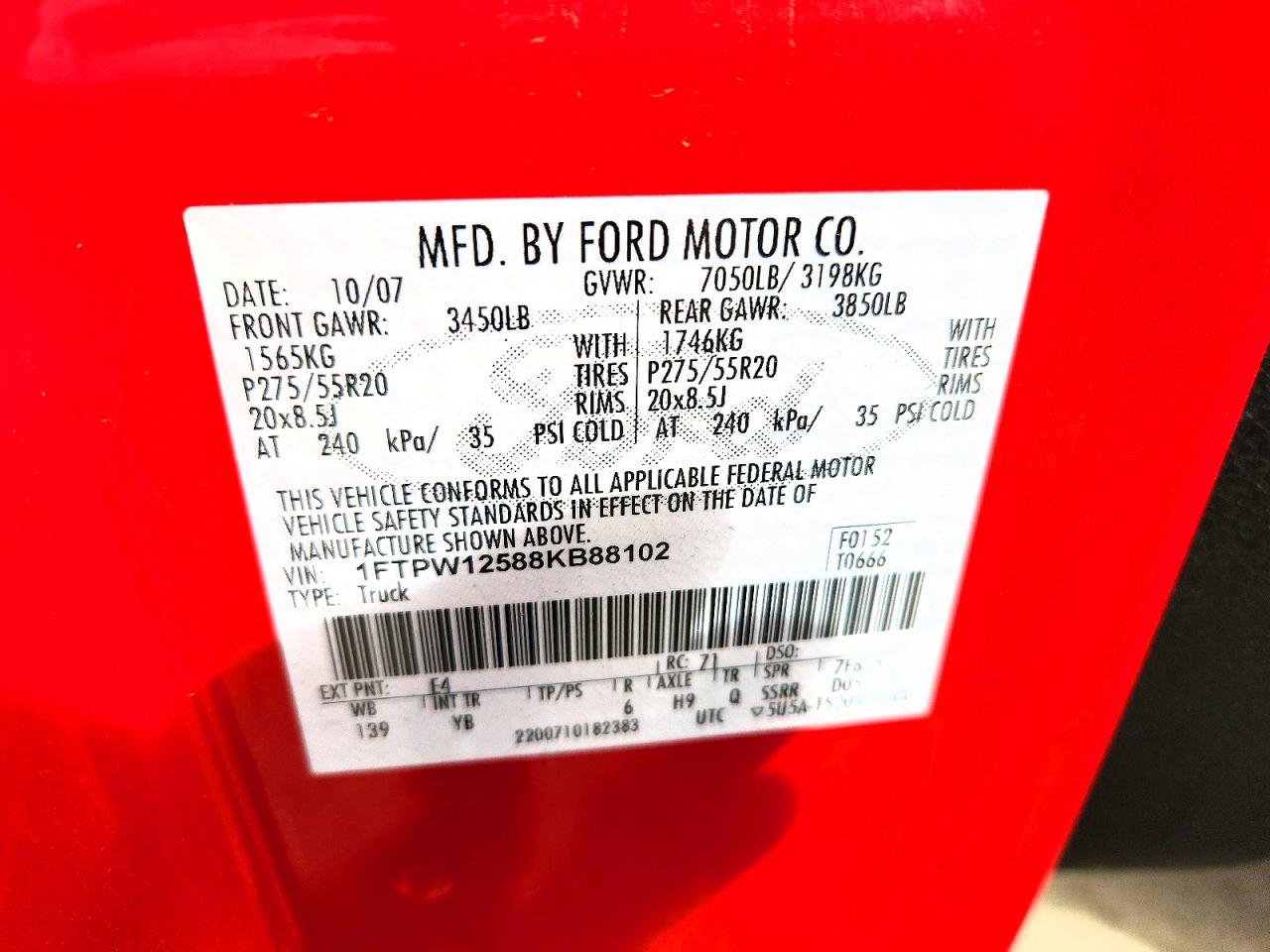 2008 Ford F150 Supercrew Red vin: 1FTPW12588KB88102