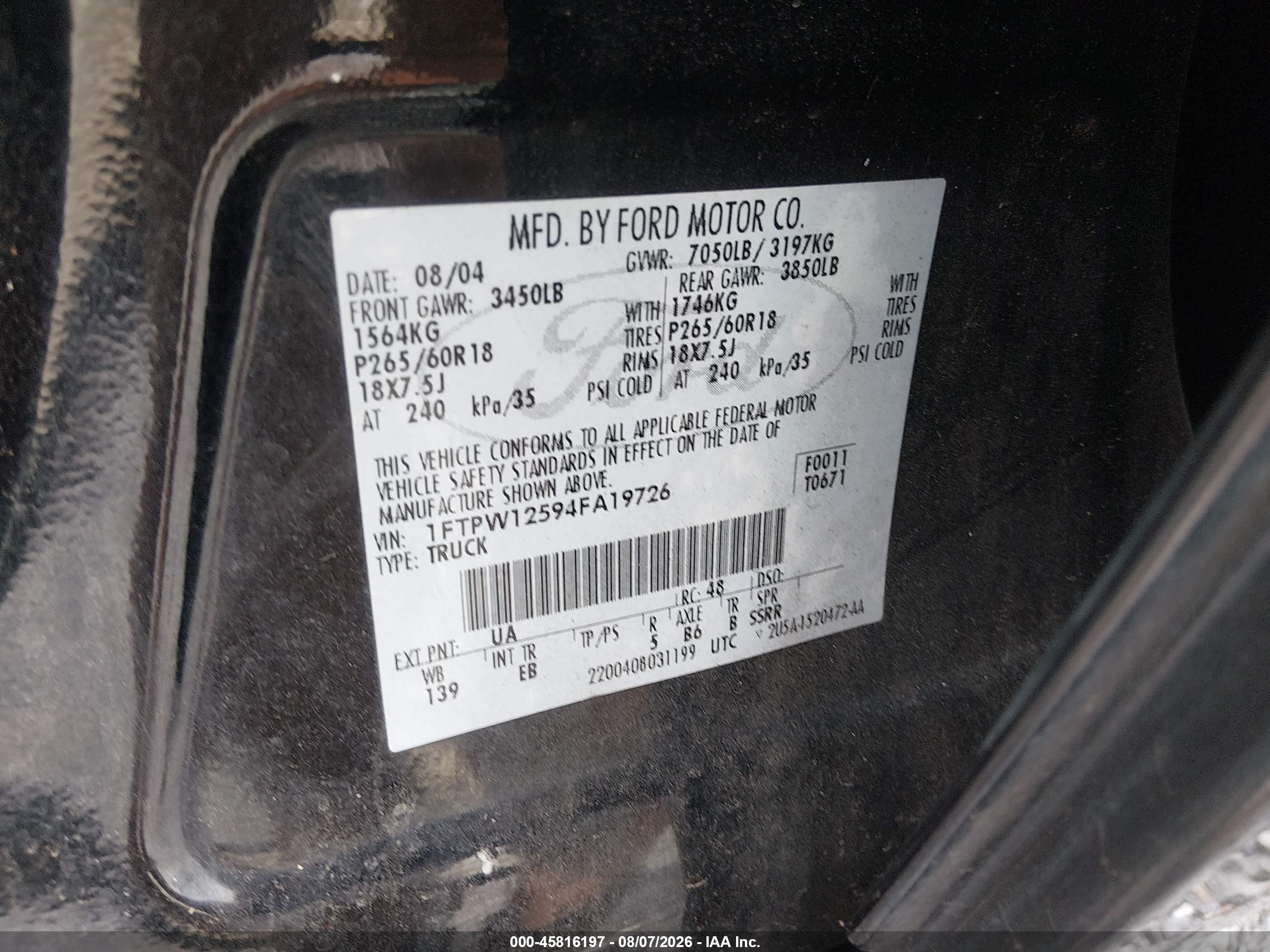 2004 Ford F-150 Lariat/xlt Black vin: 1FTPW12594FA19726