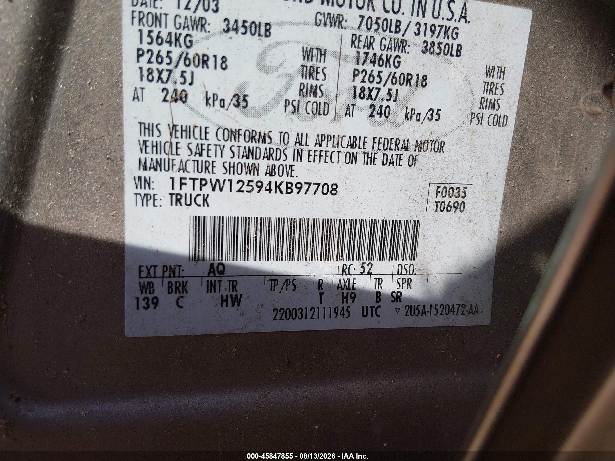 2004 Ford F-150 Lariat/xlt Золотой vin: 1FTPW12594KB97708